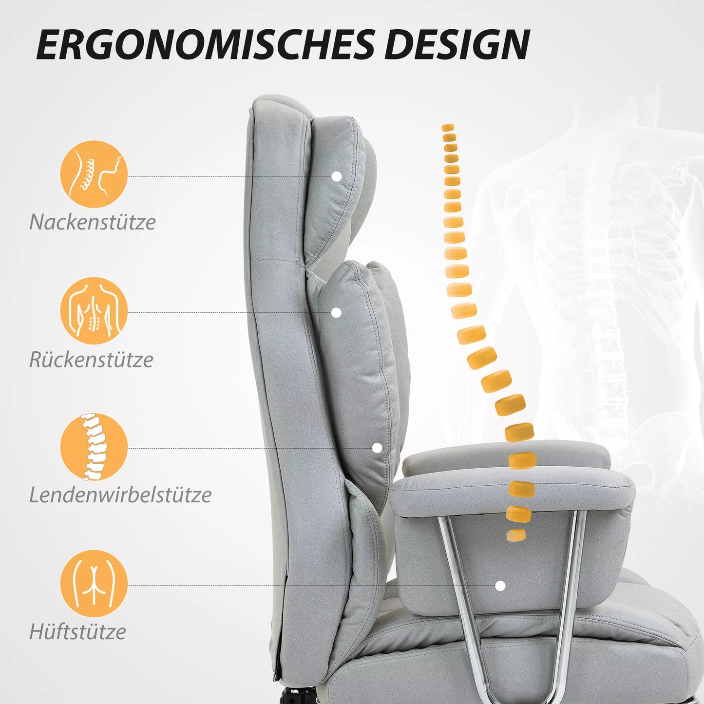 Ergonomiška biuro kėdė, paminkštinta, su kojų atrama, reguliuojamu atlošu, 360° pasukama, šviesiai pilka