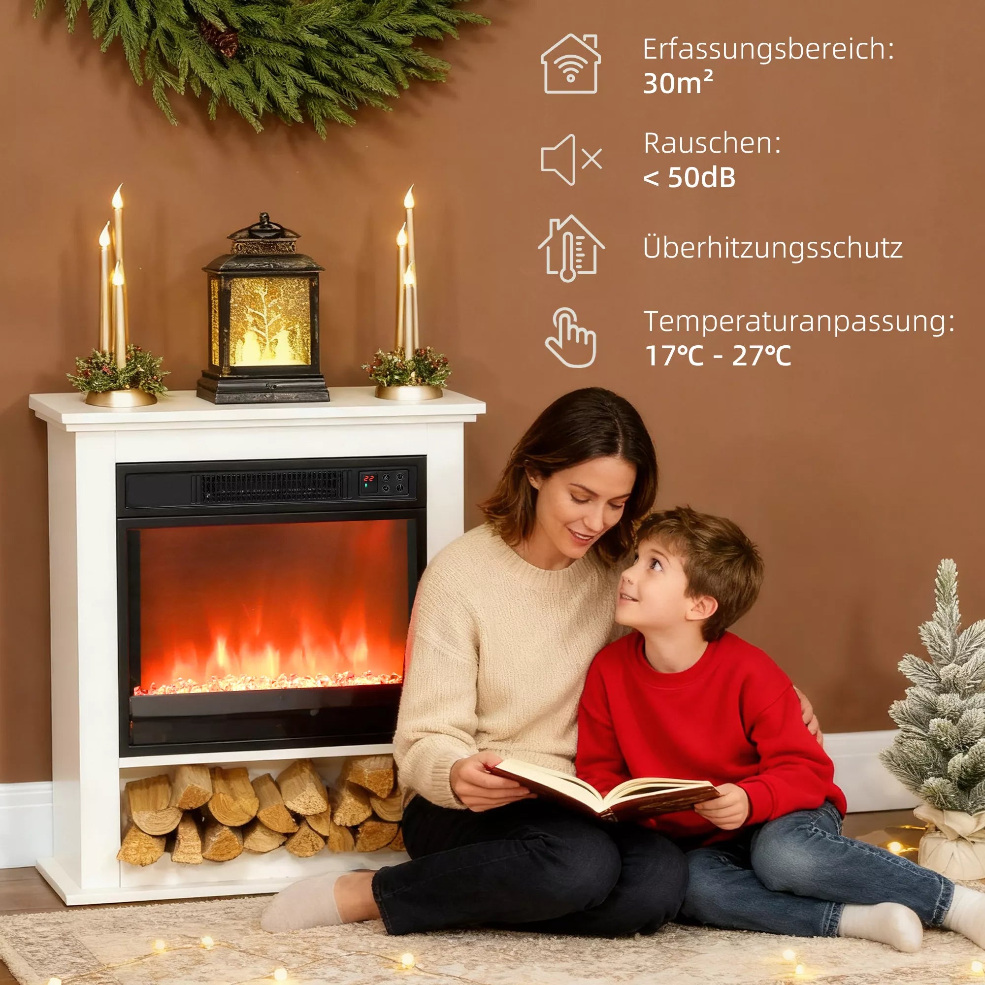 Elektrinis židinys, 9 spalvų realistinis liepsnos efektas, reguliuojamas ryškumas, 1800W, su nuotolinio valdymo pulteliu, laikmatis, baltas