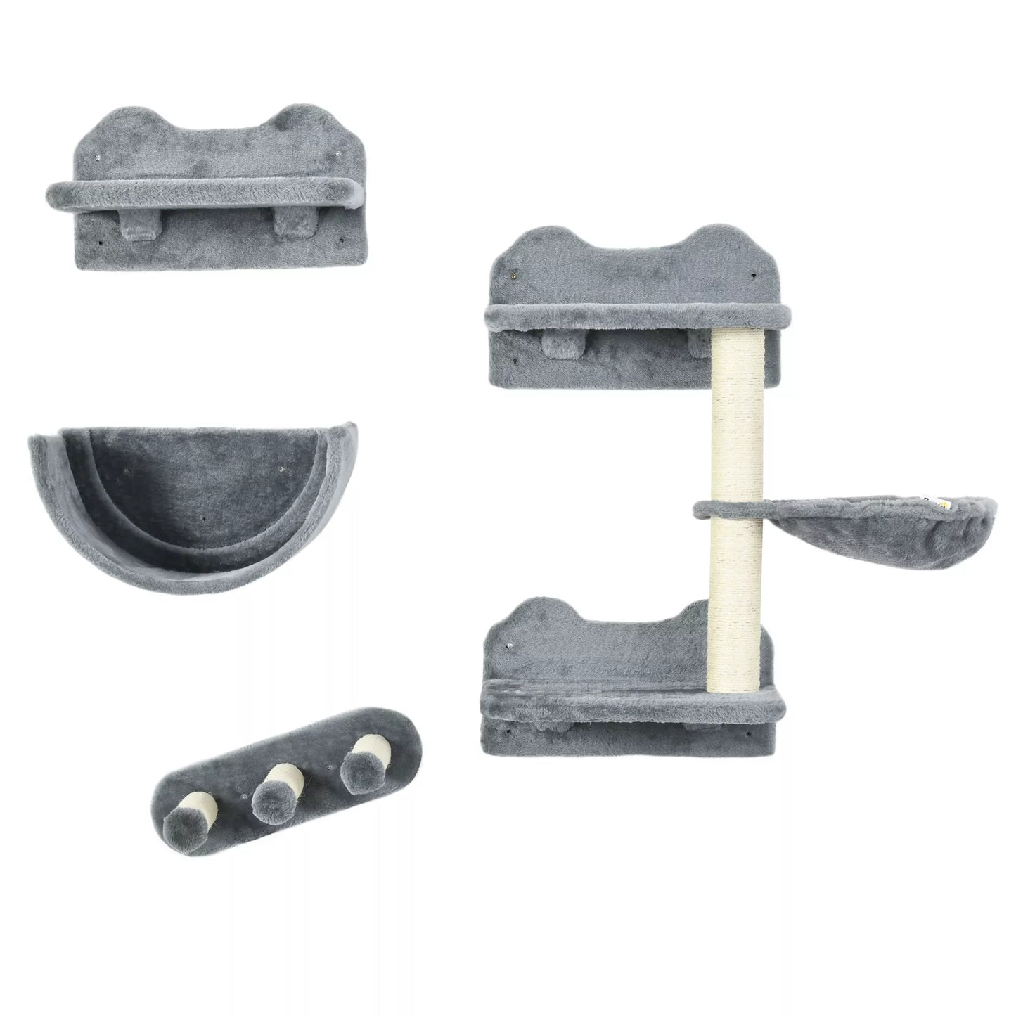 Katės laipiojimo sienelės komplektas, hamakas, draskyklė, šokinėjimo platformos, pliušas, sizalis, pilka spalva