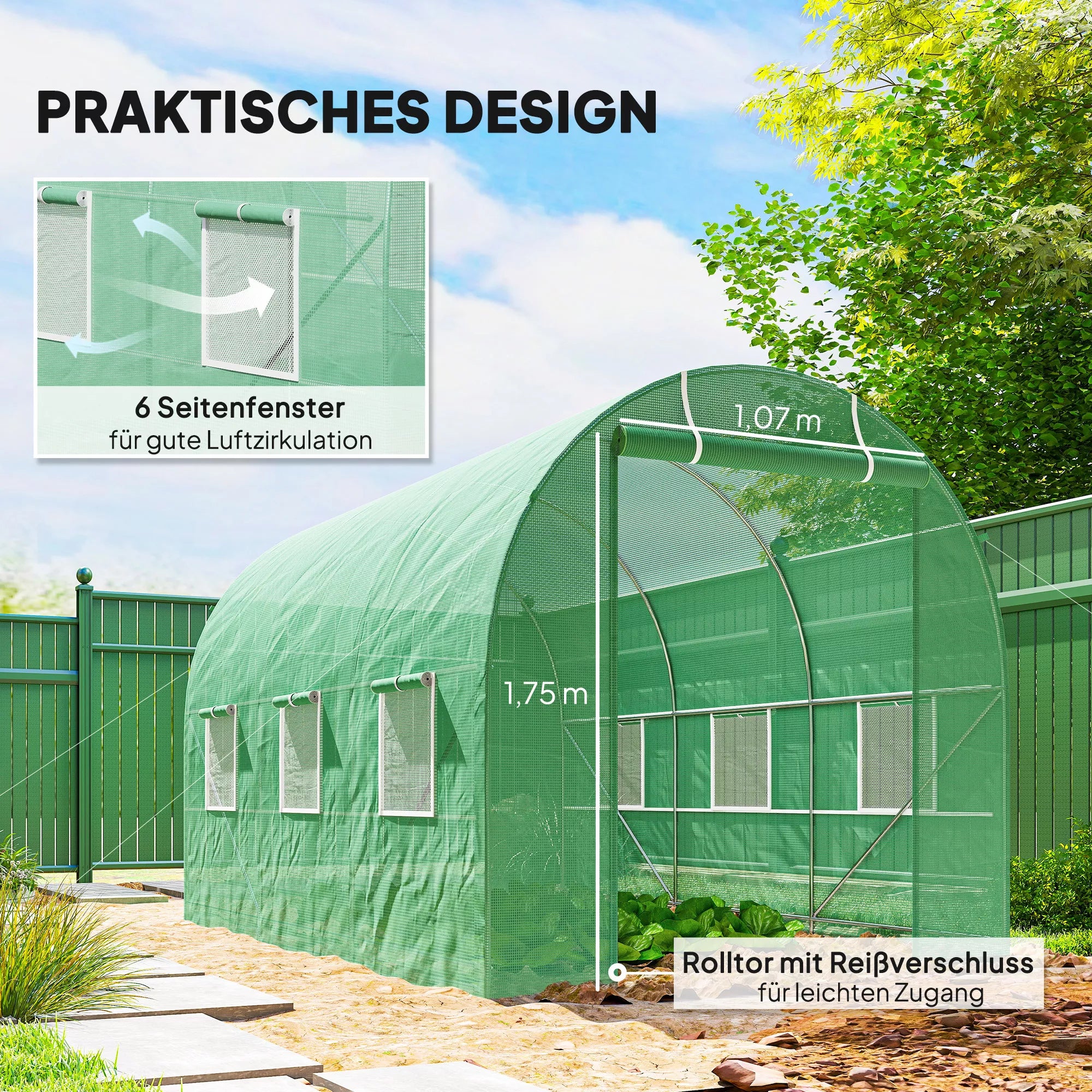 Šiltnamis 350x200x200 cm Plėvelinis šiltnamis Pomidorų šiltnamis su durimis, 6 langais, plėvelinis tunelis iš cinkuoto plieno, PE, tvirtas šiltnamis Augalų tunelis, įskaitant žemės inkaro ir virves, žalias