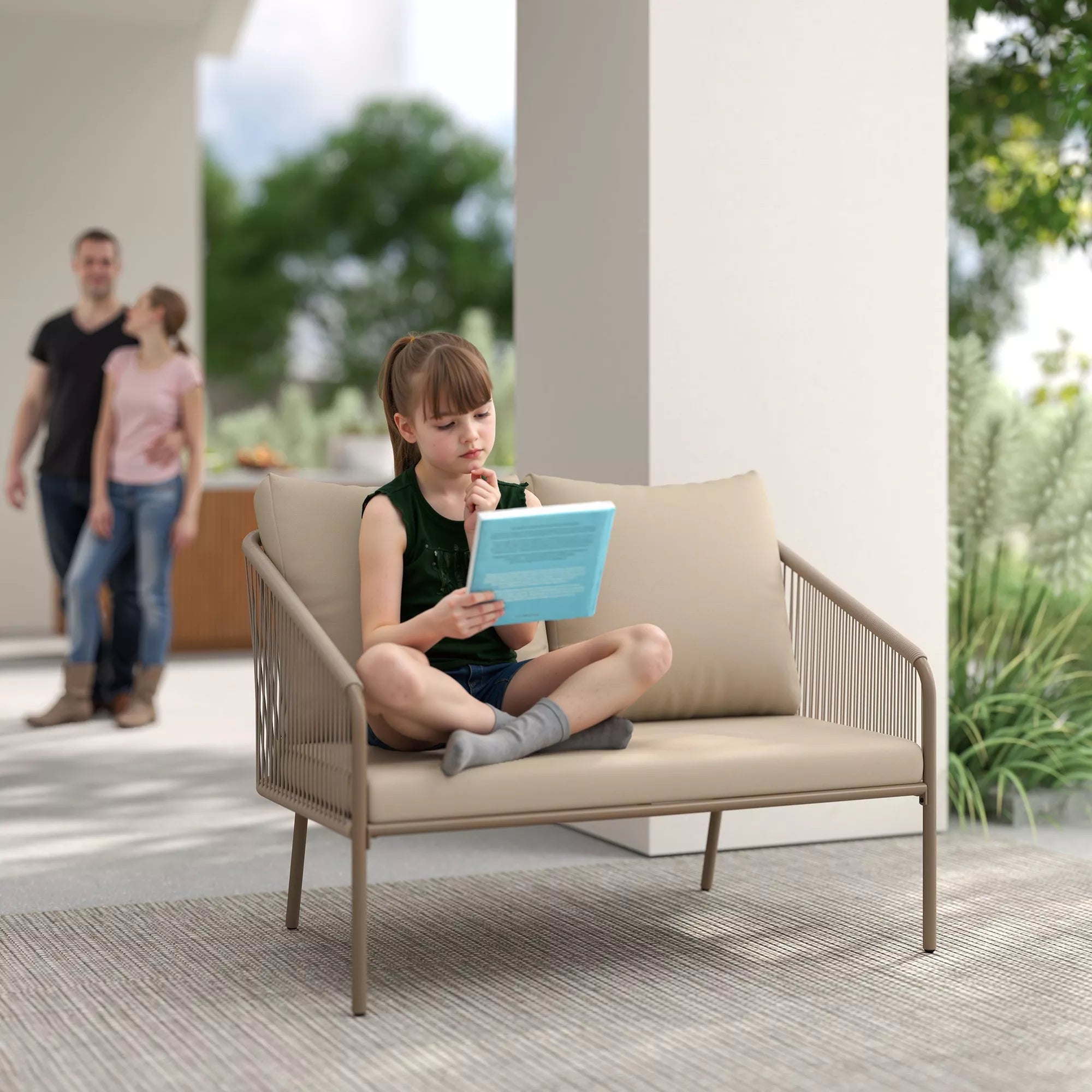 2-vietė rotango sofa su pagalvėlėmis, poilsio sofa, atspari oro sąlygoms, smėlio spalvos