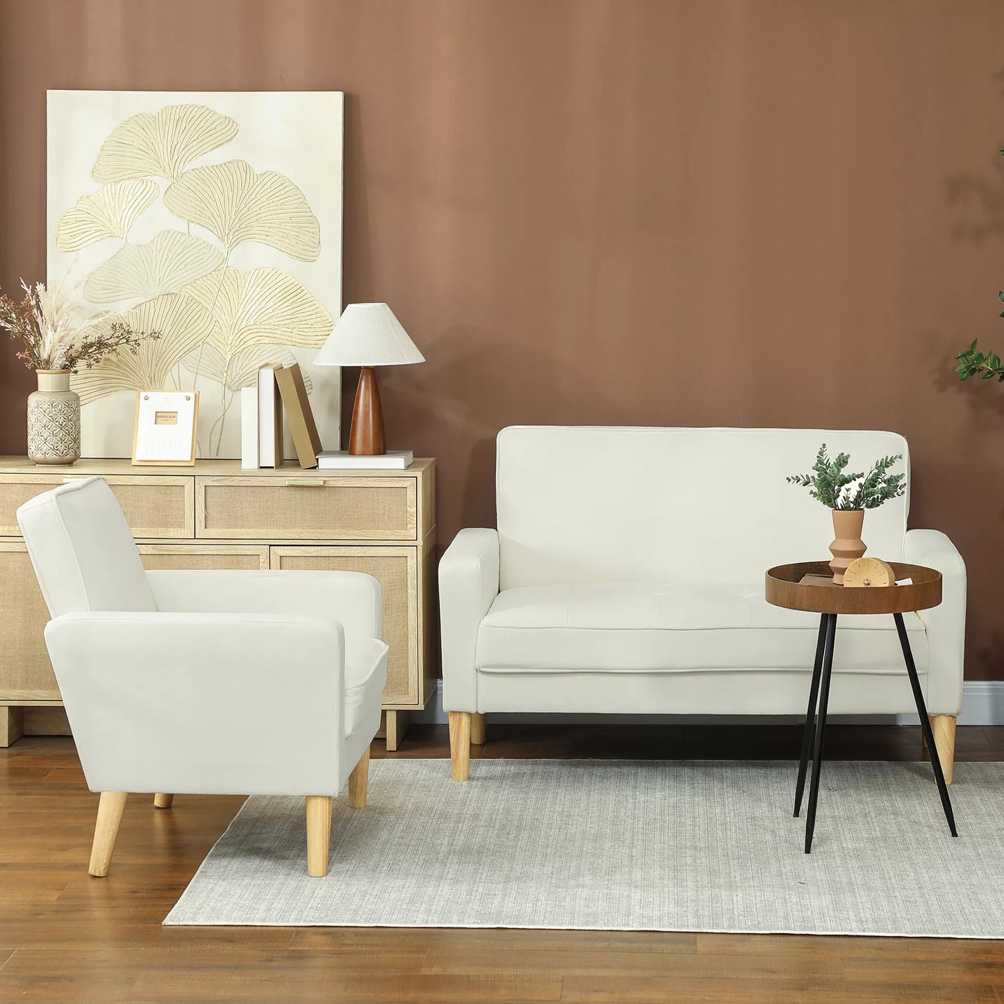 Dviejų vietų sofa, minkšta sofa su kaučiukmedžio kojelėmis, skirta svetainei, miegamajam, kreminės baltos spalvos