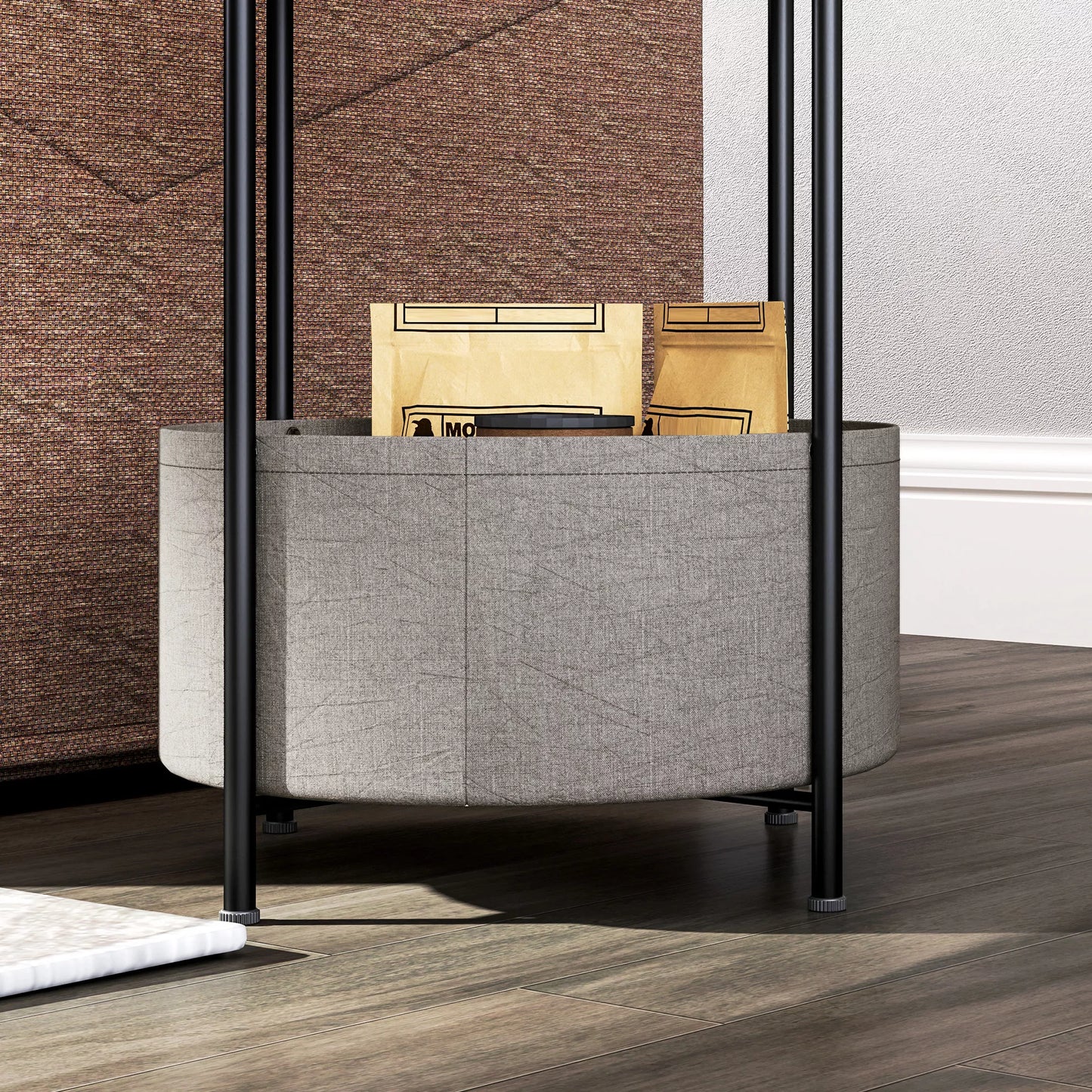 Apvalus staliukas su medžiaginiu krepšiu, 2 pakopų kavos staliukas svetainei, miegamajam, mažoms erdvėms, metalas, pilka+balta