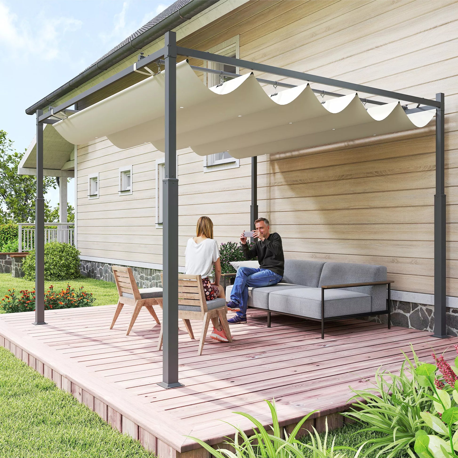 Sodo pergola, 3 x 3 m, ištraukiamas stogas ir magnetinis padas, lauko baldakimas, sodo pavėsinė, UPF30+, metalas, kreminė balta spalva