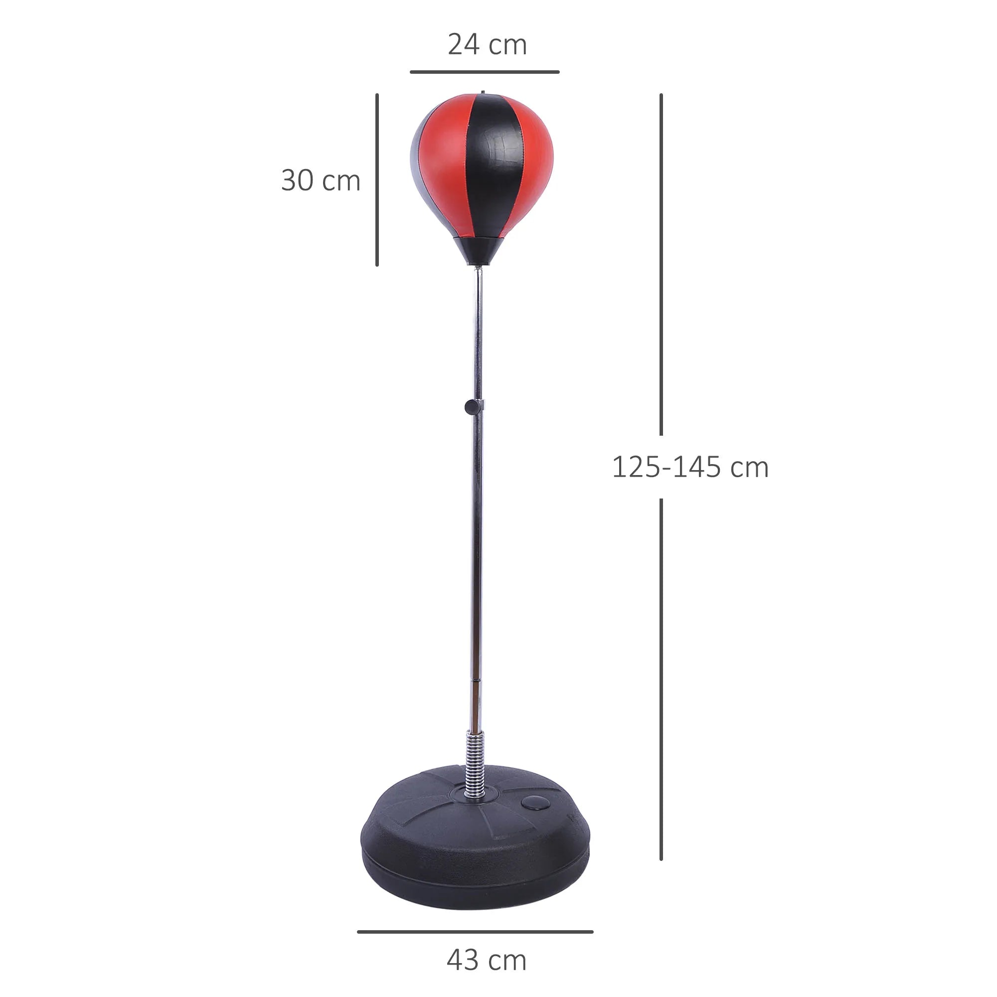 Bokso kamuolio stovo matmenų schema: 24 cm kamuolys, 125–145 cm aukštis, 43 cm pagrindas