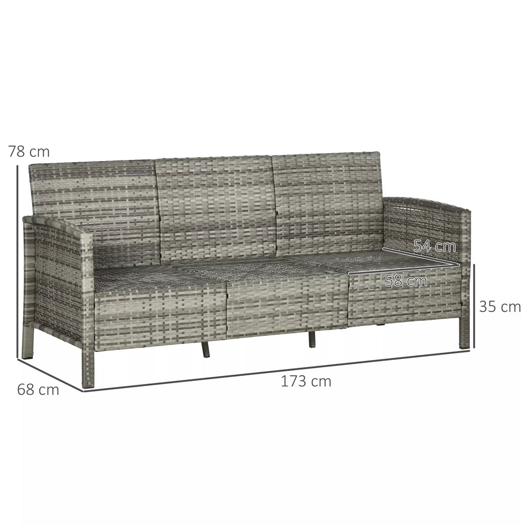 Rotango sofa su pagalvėlėmis, trijų vietų, sodo poilsio sofa, plienas, pilka, 173 x 68 x 78 cm