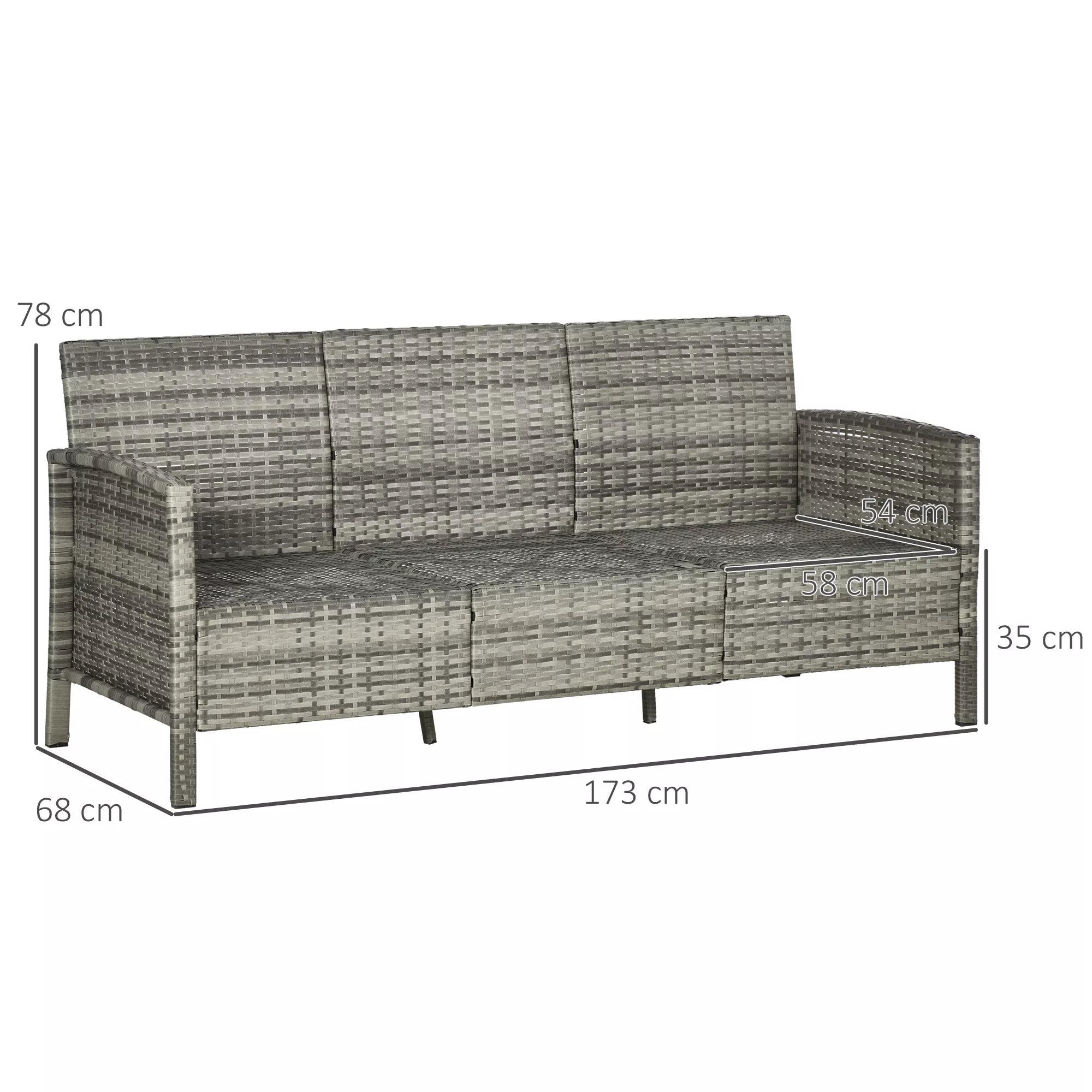 Rotango sofa su pagalvėlėmis, trijų vietų, sodo poilsio sofa, plienas, pilka, 173 x 68 x 78 cm