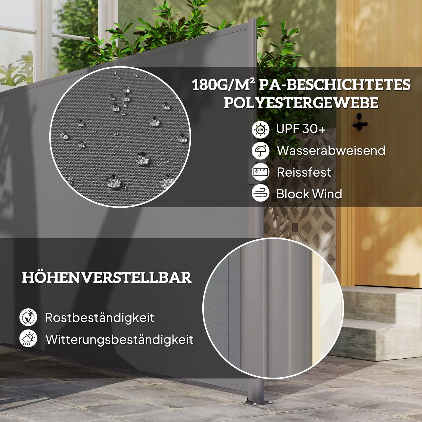 Ištraukiama šoninė markizė, nepermatoma, skirta privatumui su sieniniu laikikliu, padengta, 300x180cm, tamsiai pilka