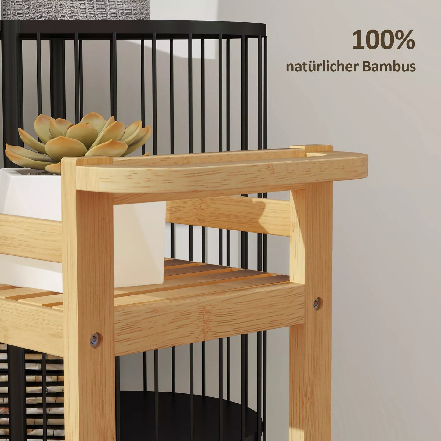 Serviravimo vežimėlis, 3 aukštai, grotelės, apsauga nuo iškritimo, bambukas, 55 x 20 x 75 cm