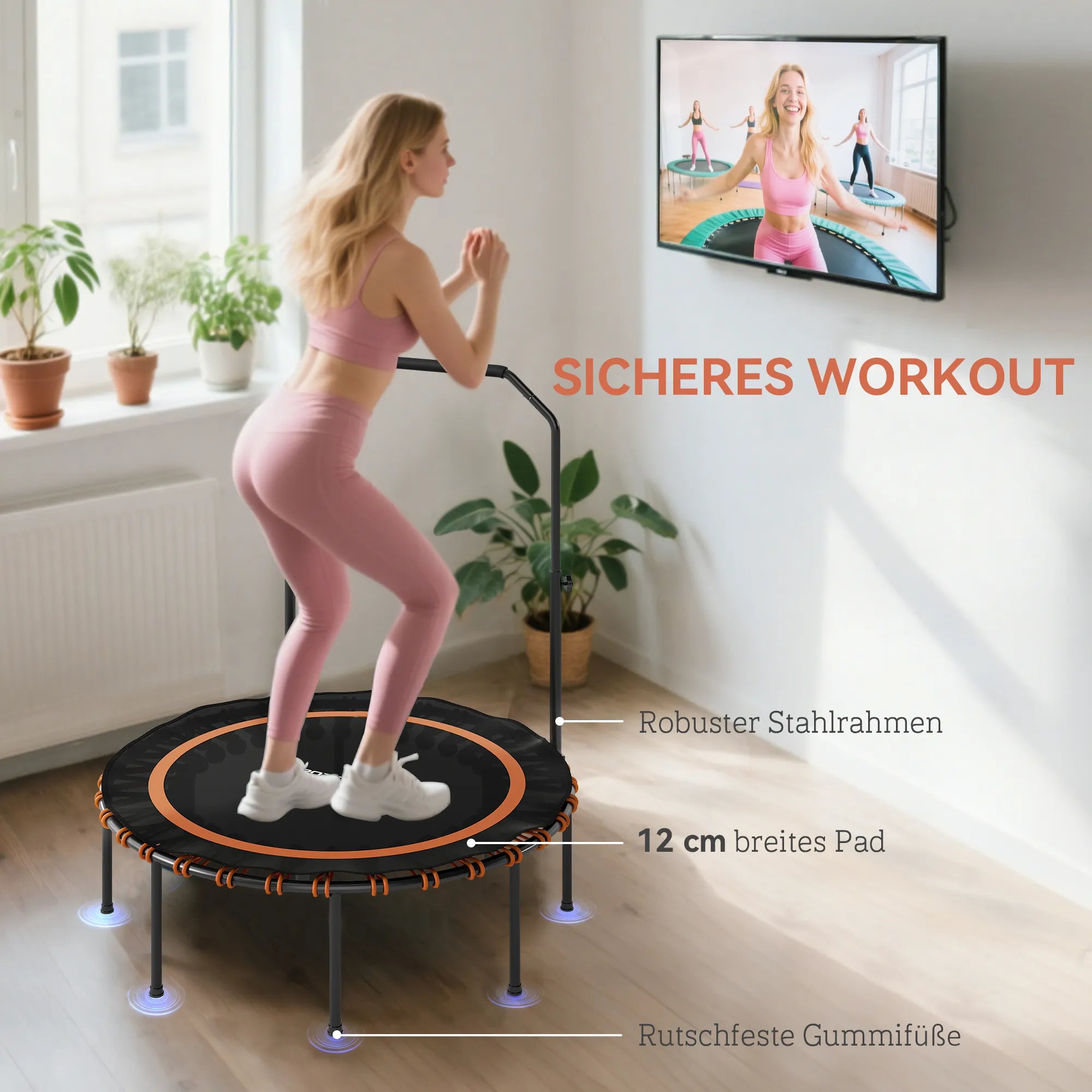 Fitness batutas su reguliuojamu turėklu, sportinis batutas naudoti viduje ir lauke, plienas, plastikas, oranžinis