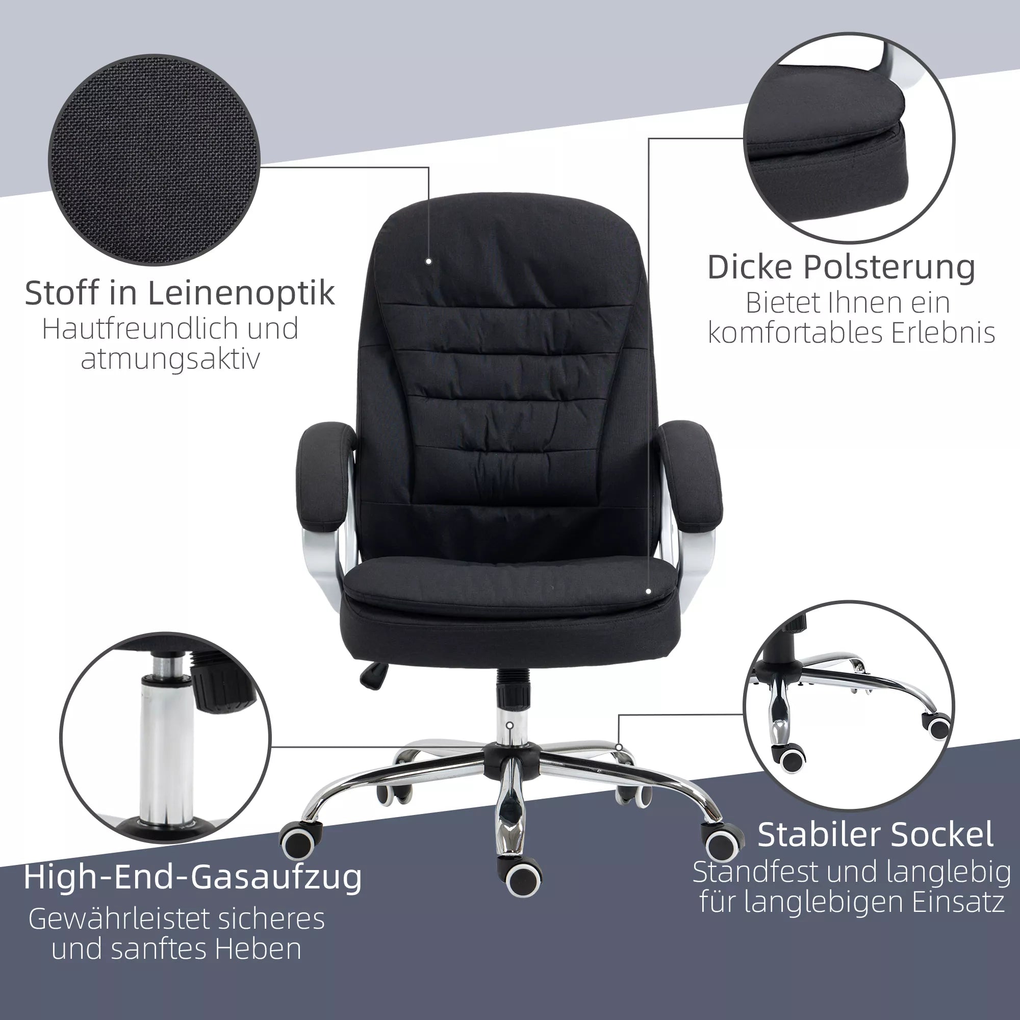 Biuro kėdė Darbo kėdė Rašomojo stalo kėdė Sukiojama kėdė 360° Ergonomiška Sūpynės funkcija Reguliuojamas aukštis Juoda Linas 64 x 75 x 111-121 cm