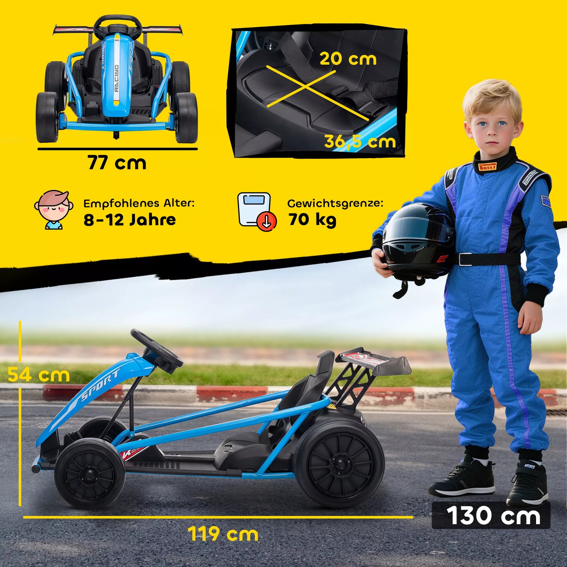 24V elektrinis Go-Kart, skirtas važiuoti ir slysti, nailoniniai ratai, saugos diržas, garsinis signalas, muzika 8-12 metų vaikams Mėlynas