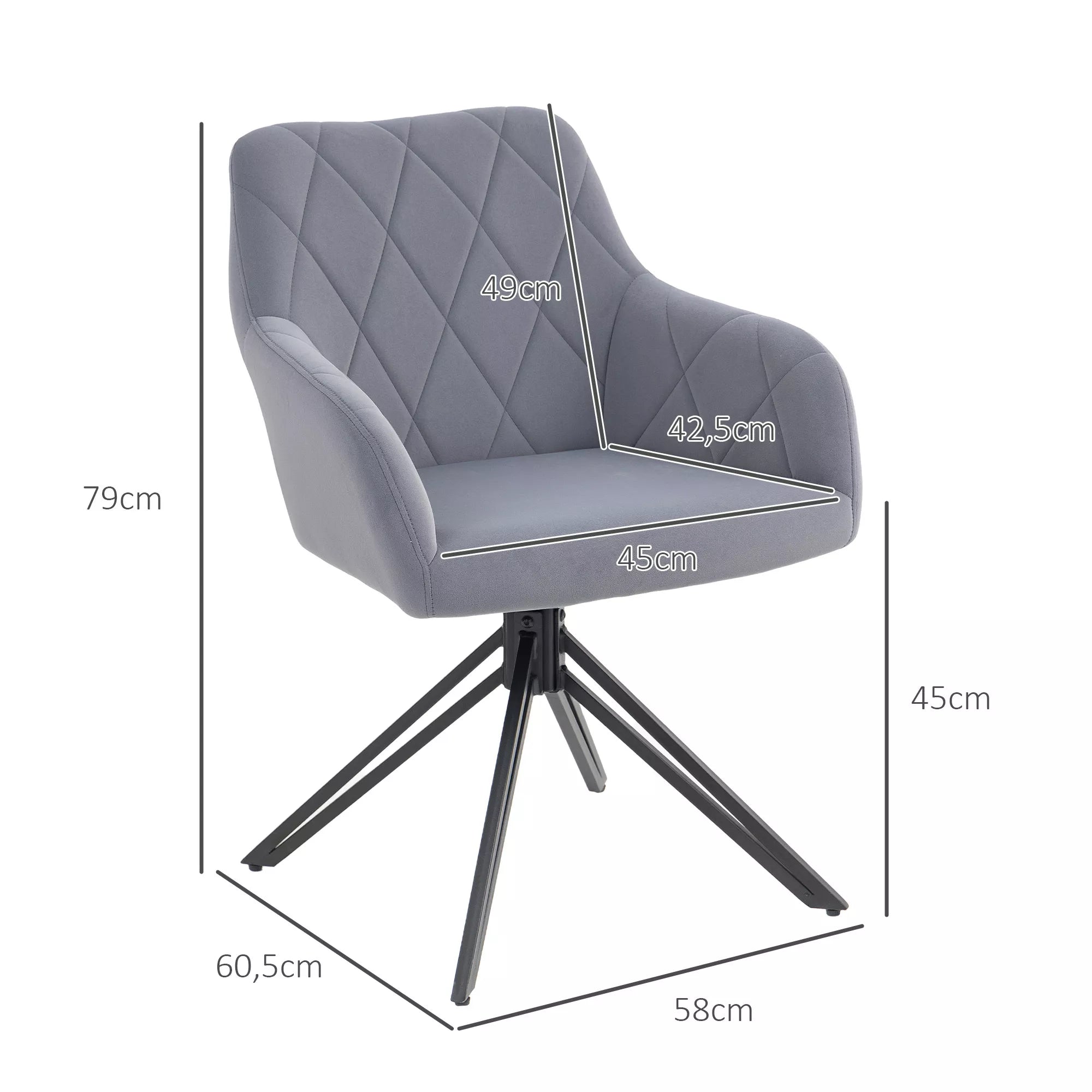 Akcentinis krėslas retro dizaino, aksominės išvaizdos, 58 cm x 60,5 cm x 79 cm, plieninis, pilkas