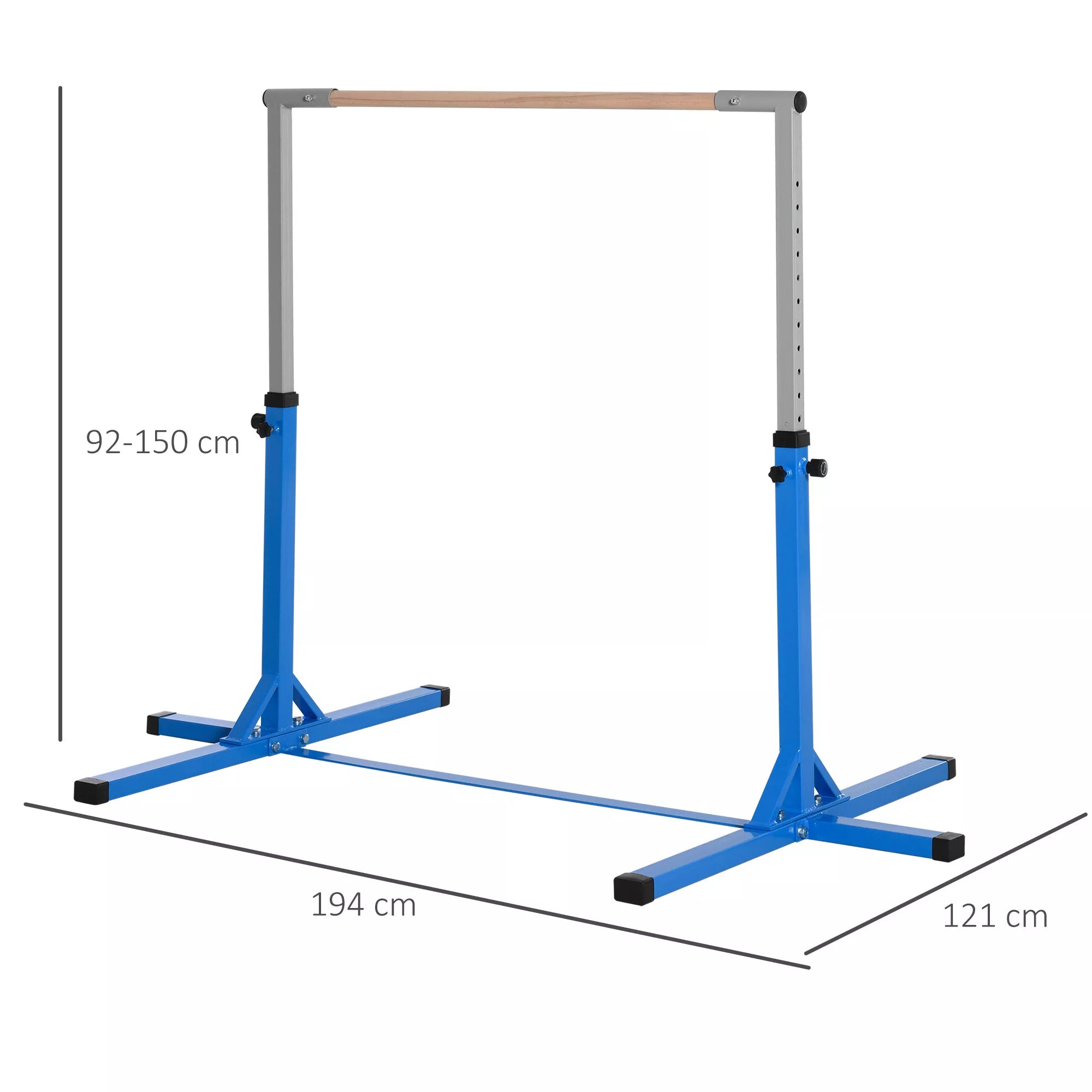 Gimnastikos skersinis, 13 pakopų aukščio reguliavimas, skersinis, medinis skersinis ir tvirta plieninė konstrukcija, atlaikanti iki 75 kg svorį, skirtas 3 ir daugiau vaikų, naudoti patalpose ir lauke, mėlynos spalvos.
