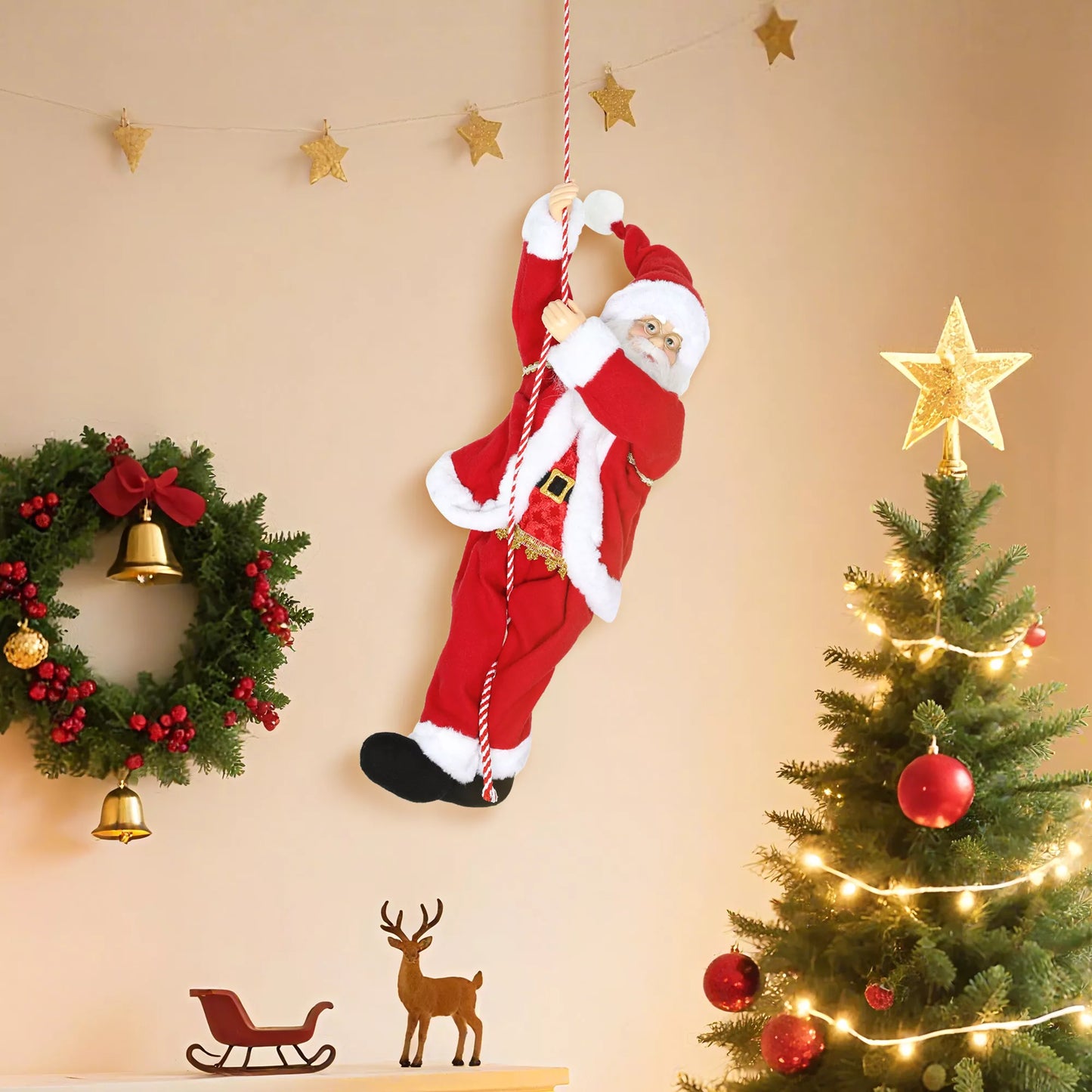 HOMCOM 60 cm dainuojantis ir lipantis Kalėdų senis su dovanų virve ir garso funkcija, raudonas, skirtas naudoti patalpose