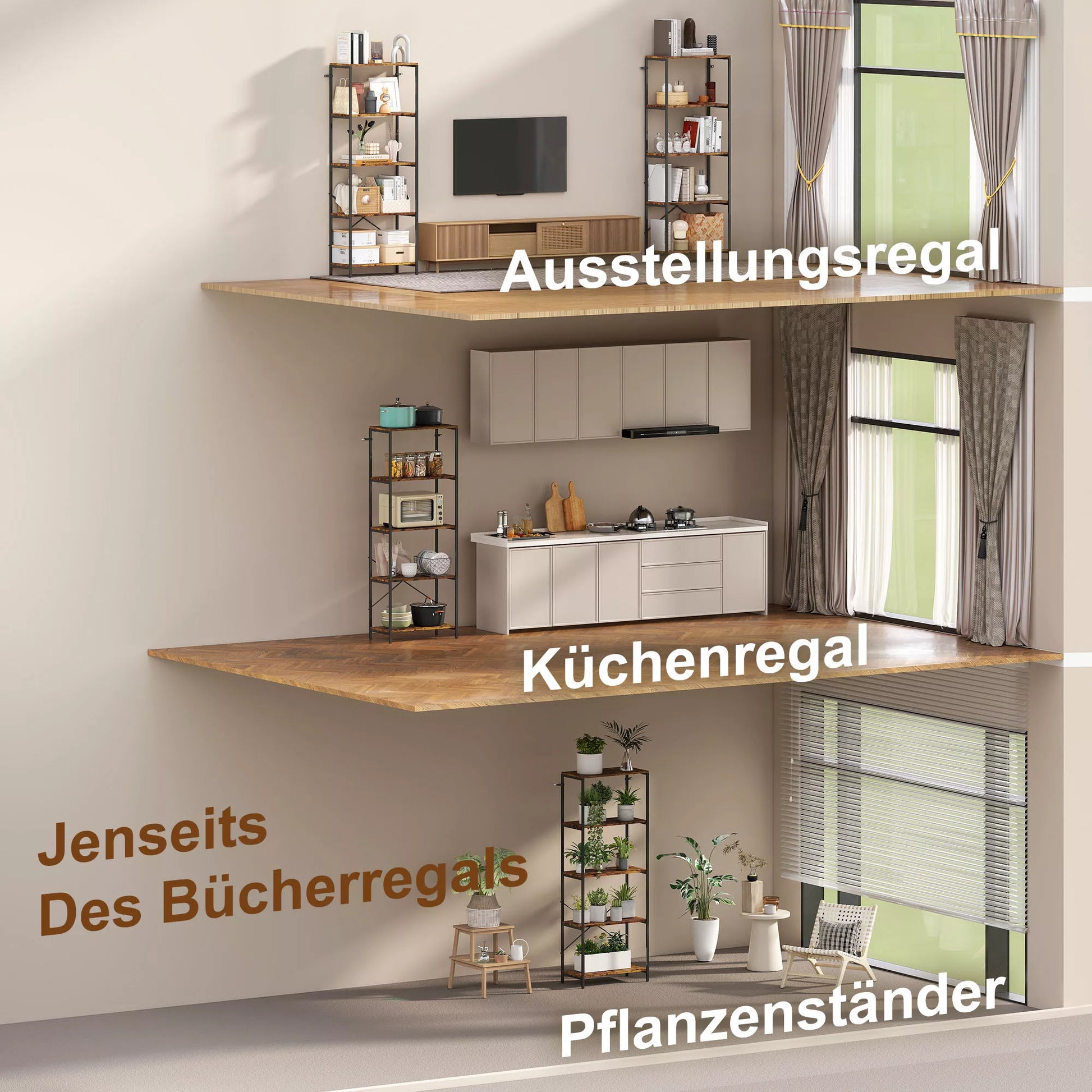 Knygų lentyna, 5 lygiai, metalas, melamino paviršius, ruda