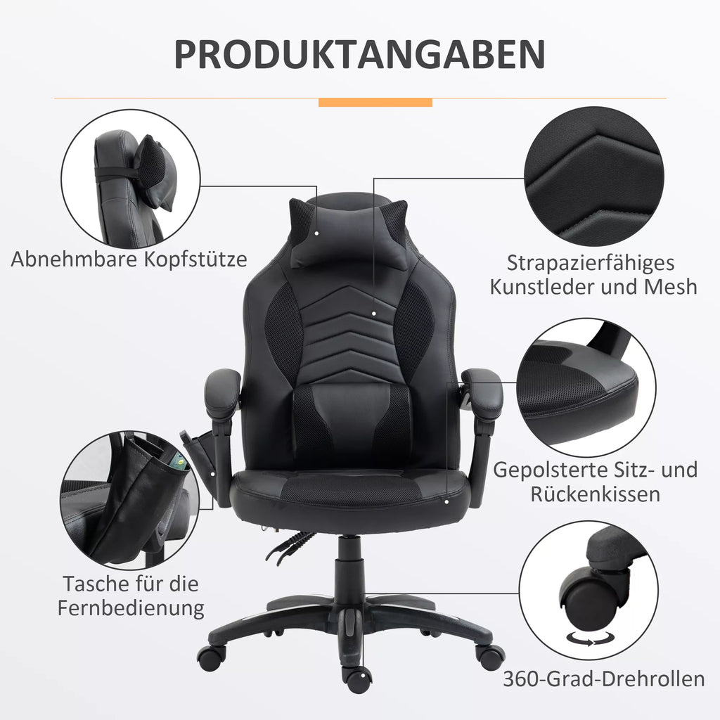 HOMCOM Biuro kėdė Masažinė kėdė su 6 vibracijos taškais Ergonomiška žaidimų kėdė su šildymo funkcija Dirbtinė oda Juoda 68 x 69 x 108-117cm