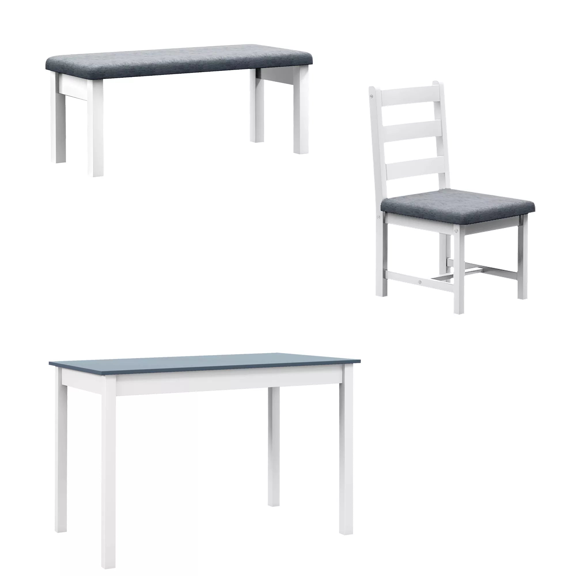 Sėdimoji grupė, 4 dalių valgomojo stalo komplektas, 1 stalas, 1 suolas, 2 kėdės, Pilka + Balta