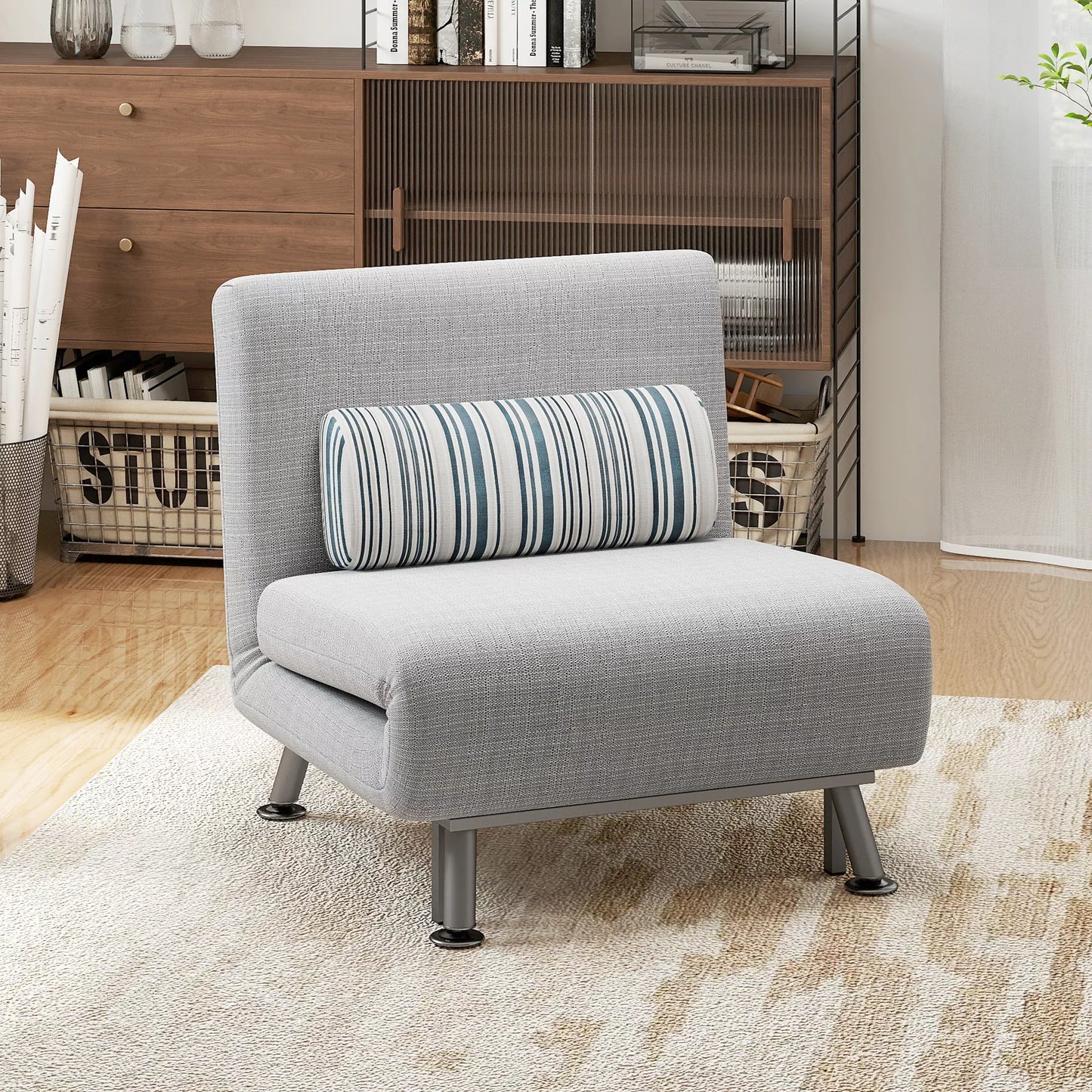 Sulankstomas krėslas su miegojimo funkcija, atlošiamas krėslas su linine išvaizda, reguliuojama atlošas, 75 x 70 x 75 cm, Pilka