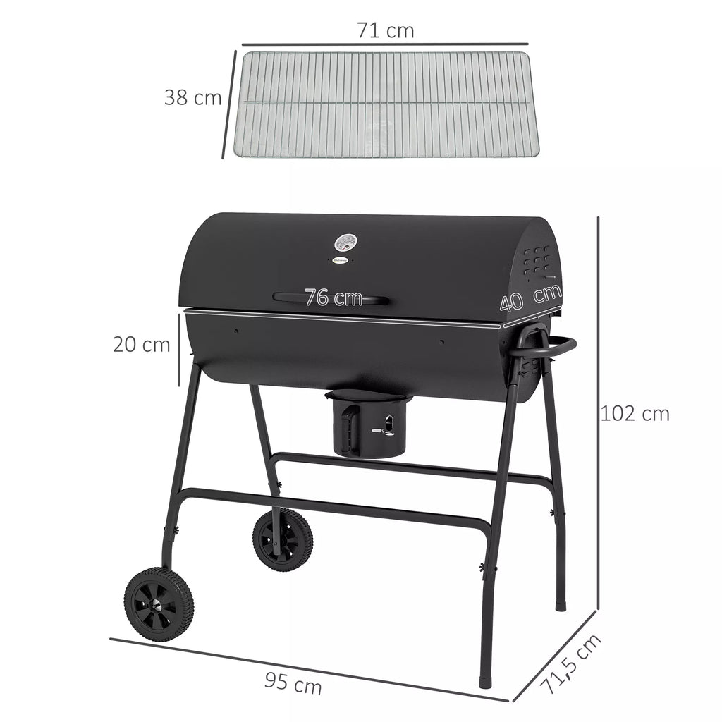 Metalinis anglies grilis BBQ Smoker su dangčiu, termometru, ratukais, grilio vežimėliu 95x71,5x102 cm, juodos spalvos
