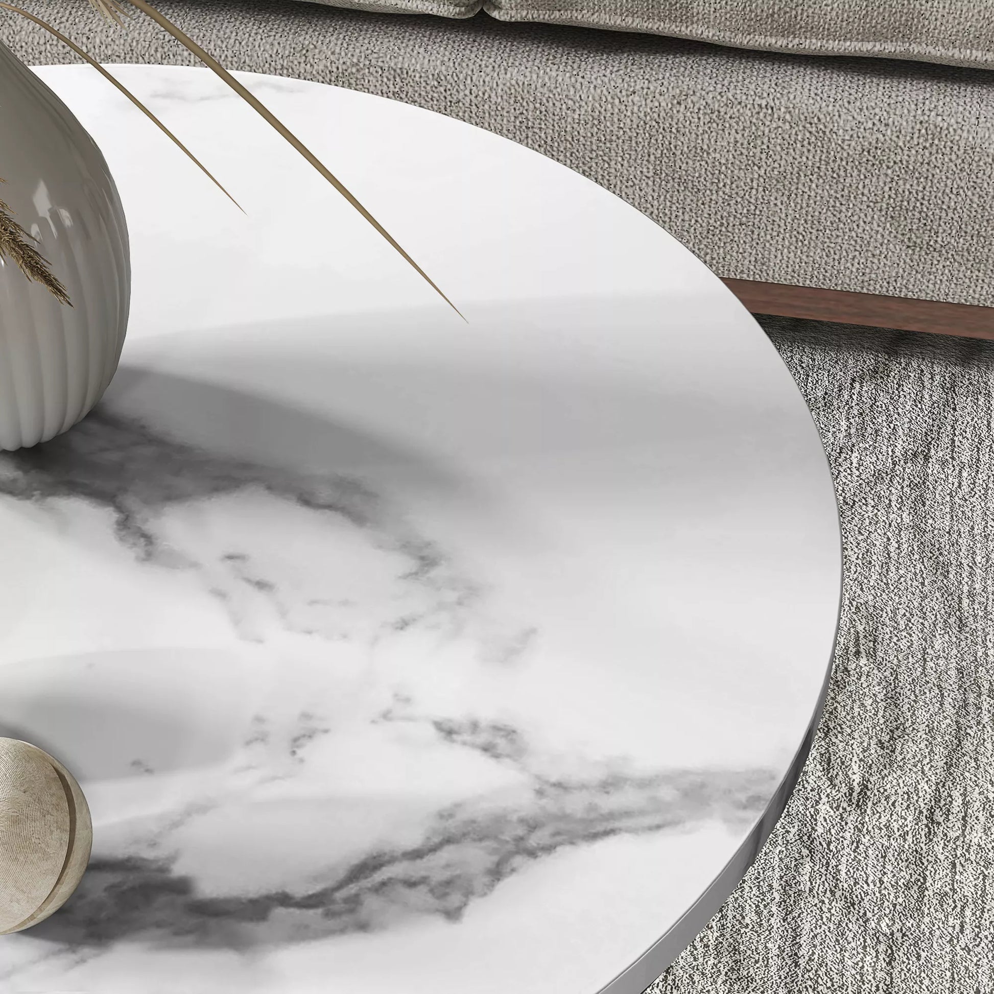 Apvalus staliukų komplektas iš 2 vnt., kavos staleliai su marmuro išvaizda, atvira daiktadėžė ir metalinis rėmas