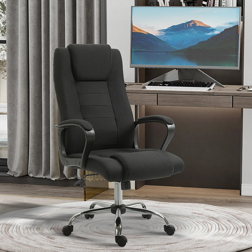 Biuro kėdė, kompiuterinė kėdė su svyravimo funkcija, galvos atrama, ergonomiška rašomojo stalo kėdė, sukiojama, reguliuojamo aukščio, „Linen-Touch“ juodos spalvos, 62 x 76 x 110–119 cm