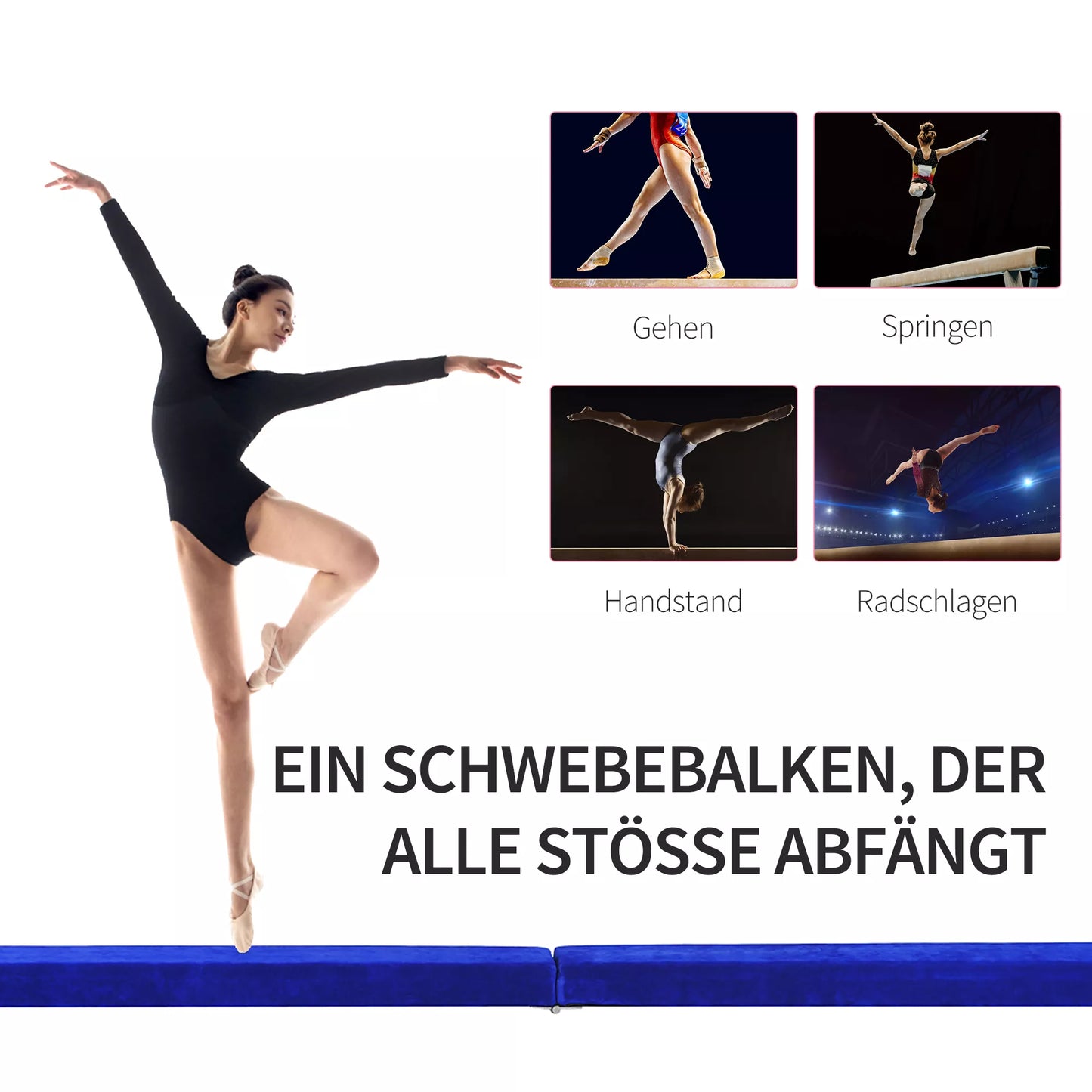 Sulankstoma pusiausvyros sija, neslystanti, su zomšos apdaila, tvirtas medienos pagrindas, 210 x 10 x 6,5 cm, mėlyna