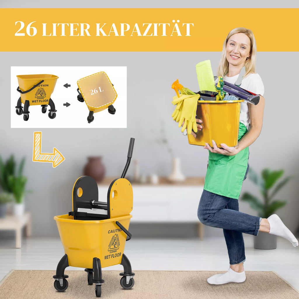 Ratinis šluotos kibiras, šluotos kibiras su išgręžtuvu ir šluota, 26 litrai, geltonas