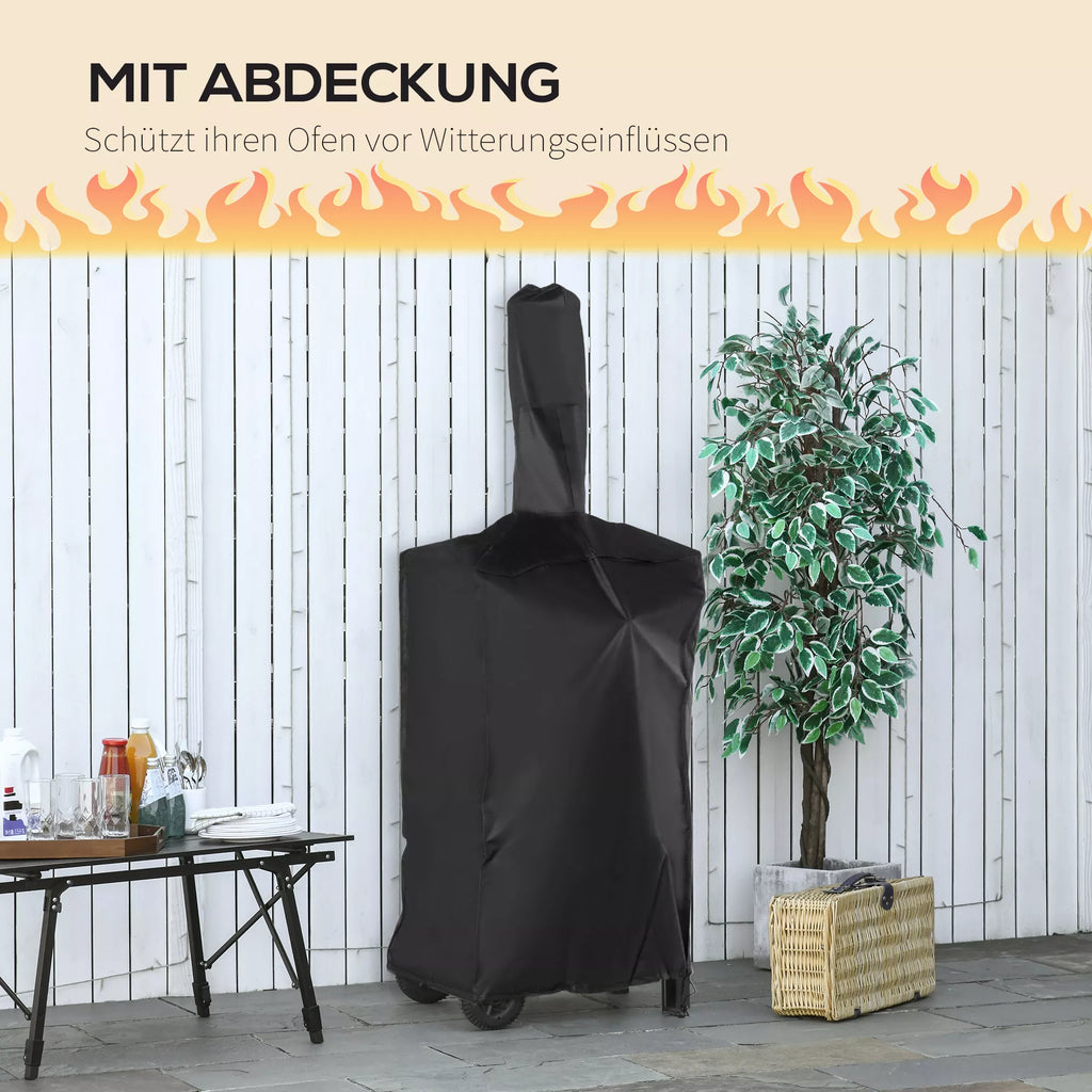 2-in-1 lauko picų krosnelė su ratukais Grilio krosnelė su apsauginiu dangčiu Picų mentė 2 grilio tinklai Grilio vežimėlis su kaminu 3 pakopų medinė krosnelė BBQ plieninė juoda + sidabrinė 63 x 54 x 161 cm