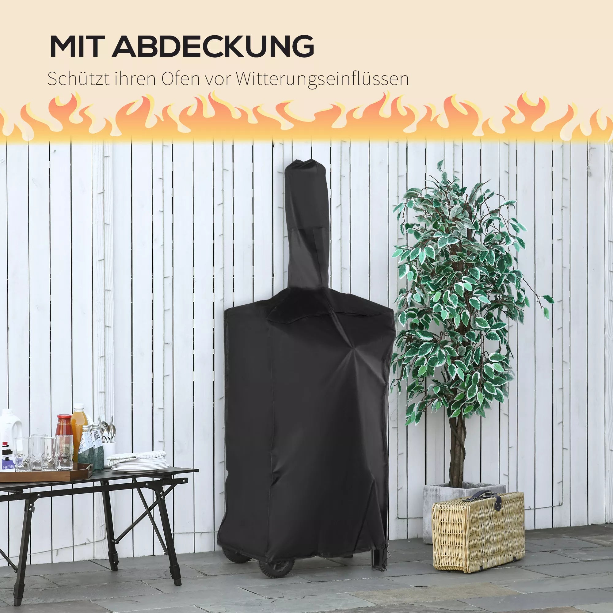 2-in-1 lauko picų krosnelė su ratukais Grilio krosnelė su apsauginiu dangčiu Picų mentė 2 grilio tinklai Grilio vežimėlis su kaminu 3 pakopų medinė krosnelė BBQ plieninė juoda + sidabrinė 63 x 54 x 161 cm