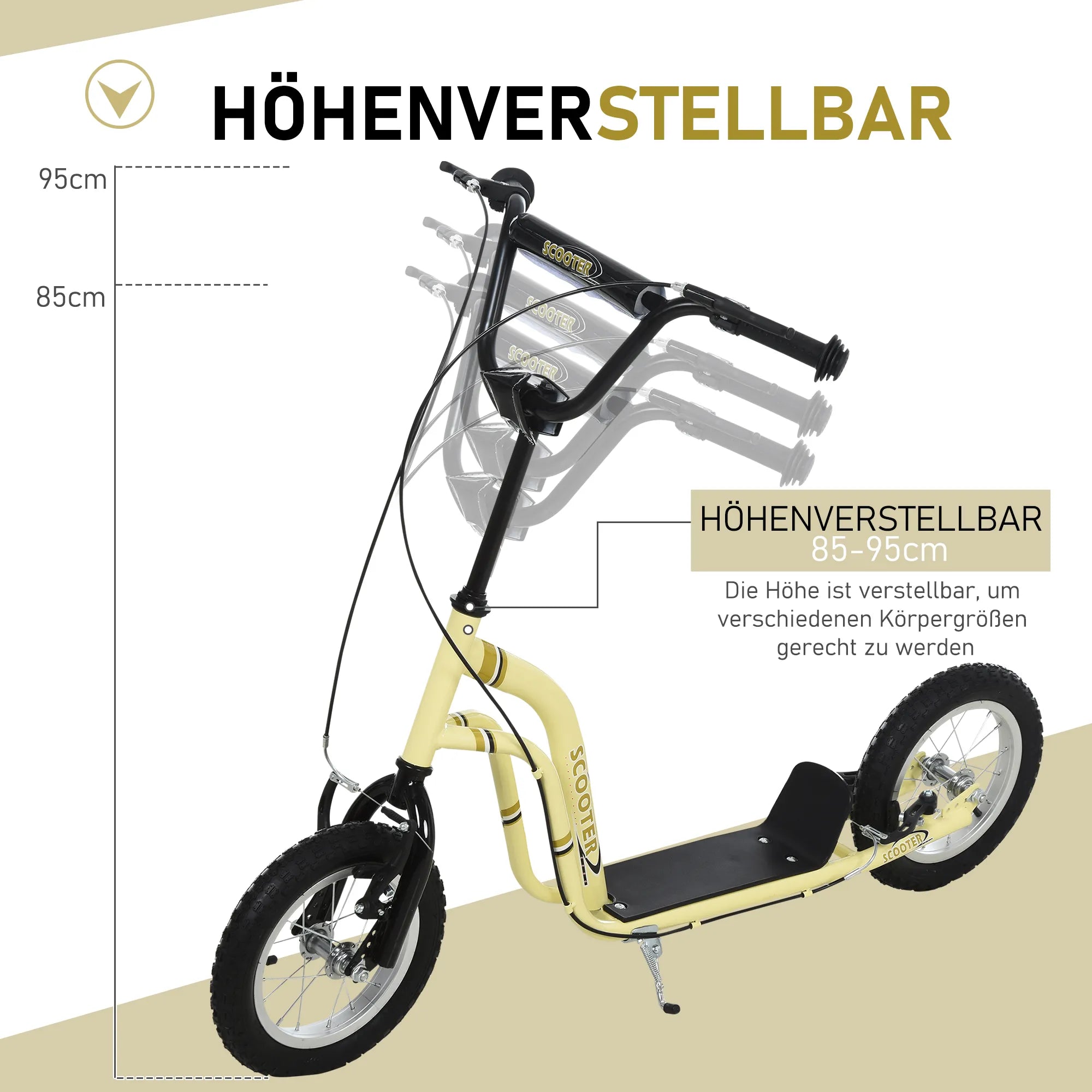 Vaikiški paspirtukai nuo 5 metų Scooter Vaikiški paspirtukai Paspirtukai Miesto paspirtukai Vaikiški paspirtukai Kickboard su pneumatinėmis padangomis 12 colių Guma Aliuminis Smėlio spalvos 120 x 58 x 85-95 cm