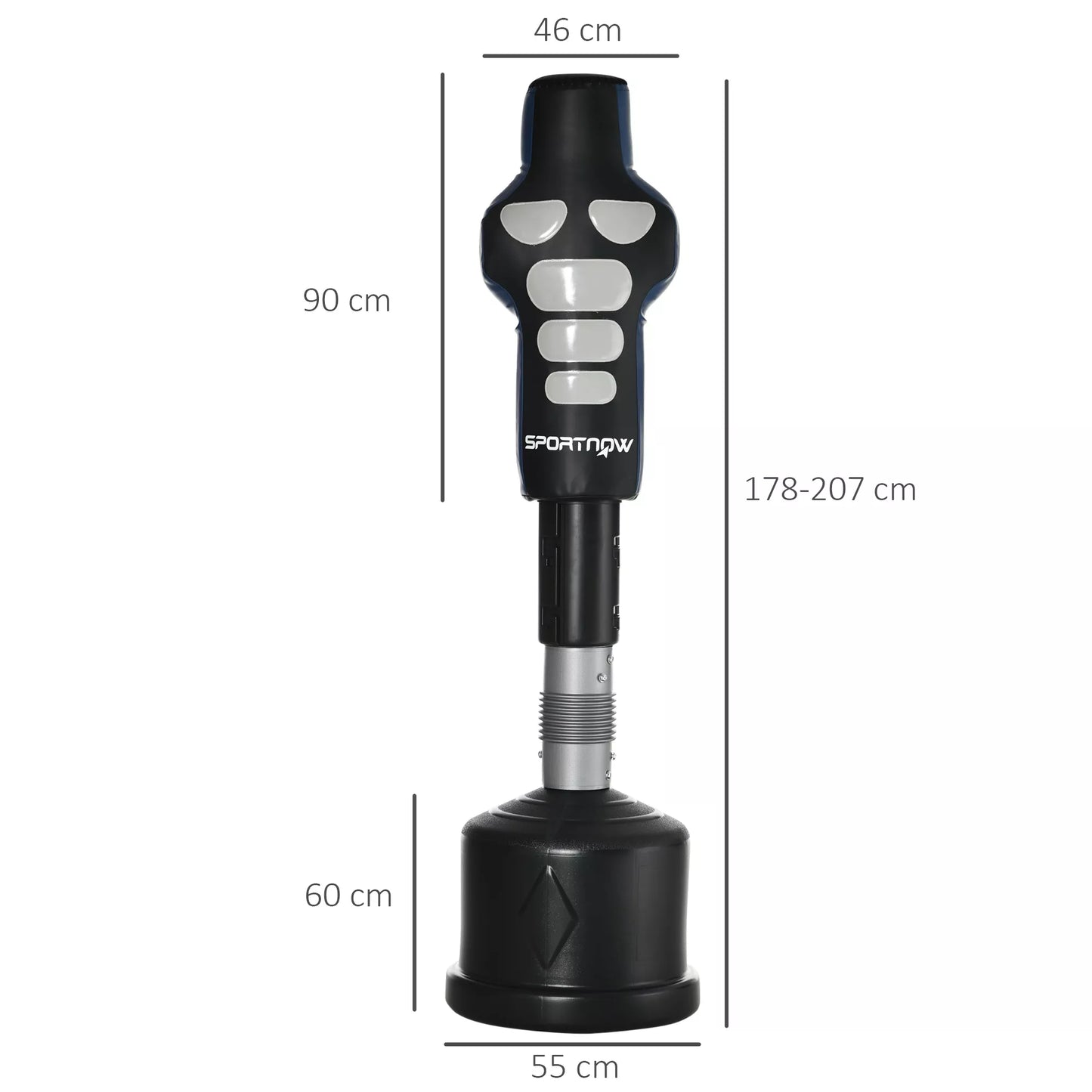 Pastatomas bokso treniruoklis, reguliuojamo aukščio, su sunkiu pagrindu, dirbtinė oda, juoda+pilka+mėlyna, 55 x 55 x 178-207 cm