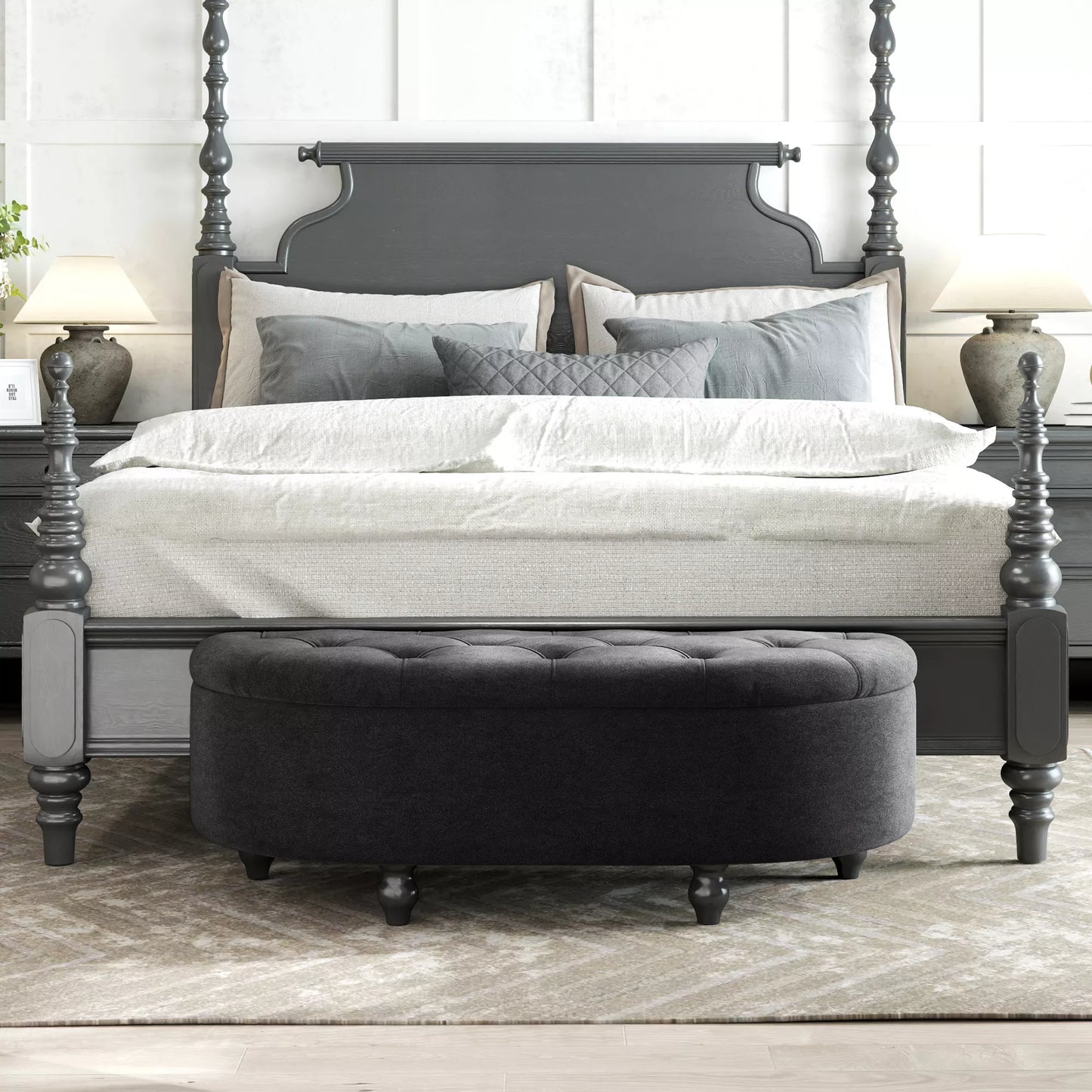 Pufas su daiktadėže, minkštas, lėtai užsidarantis dangtis, aksomo išvaizda, 120 x 46 x 42 cm, tamsiai pilkas