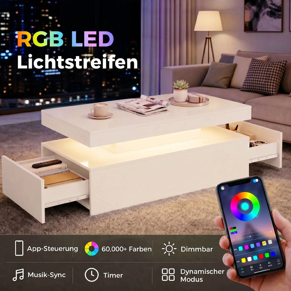 Žurnalinis staliukas su LED apšvietimu ir stalčiais, 100x50 cm, baltas