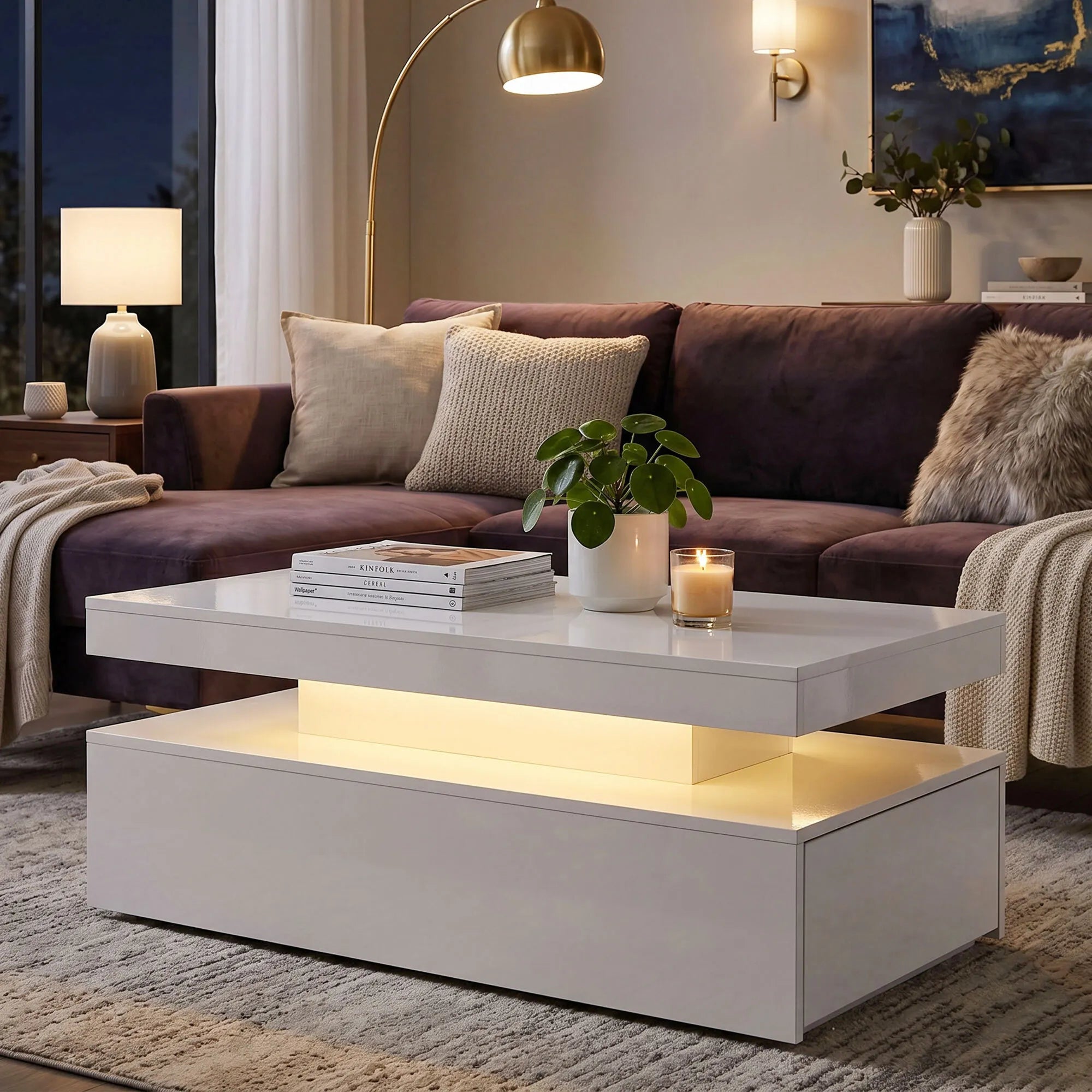 Žurnalinis staliukas su LED apšvietimu ir stalčiais, 100x50 cm, baltas