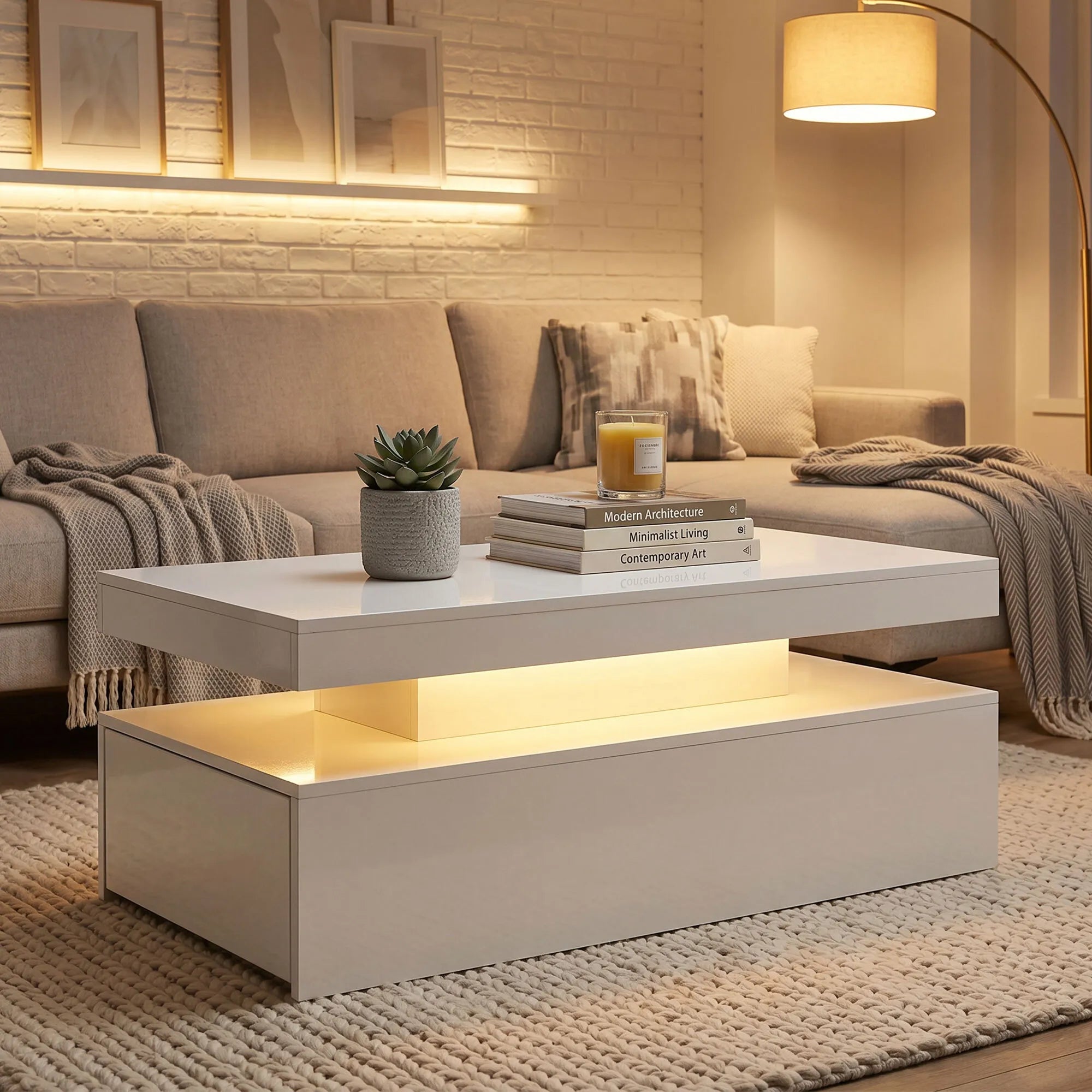 Žurnalinis staliukas su LED apšvietimu ir stalčiais, 100x50 cm, baltas