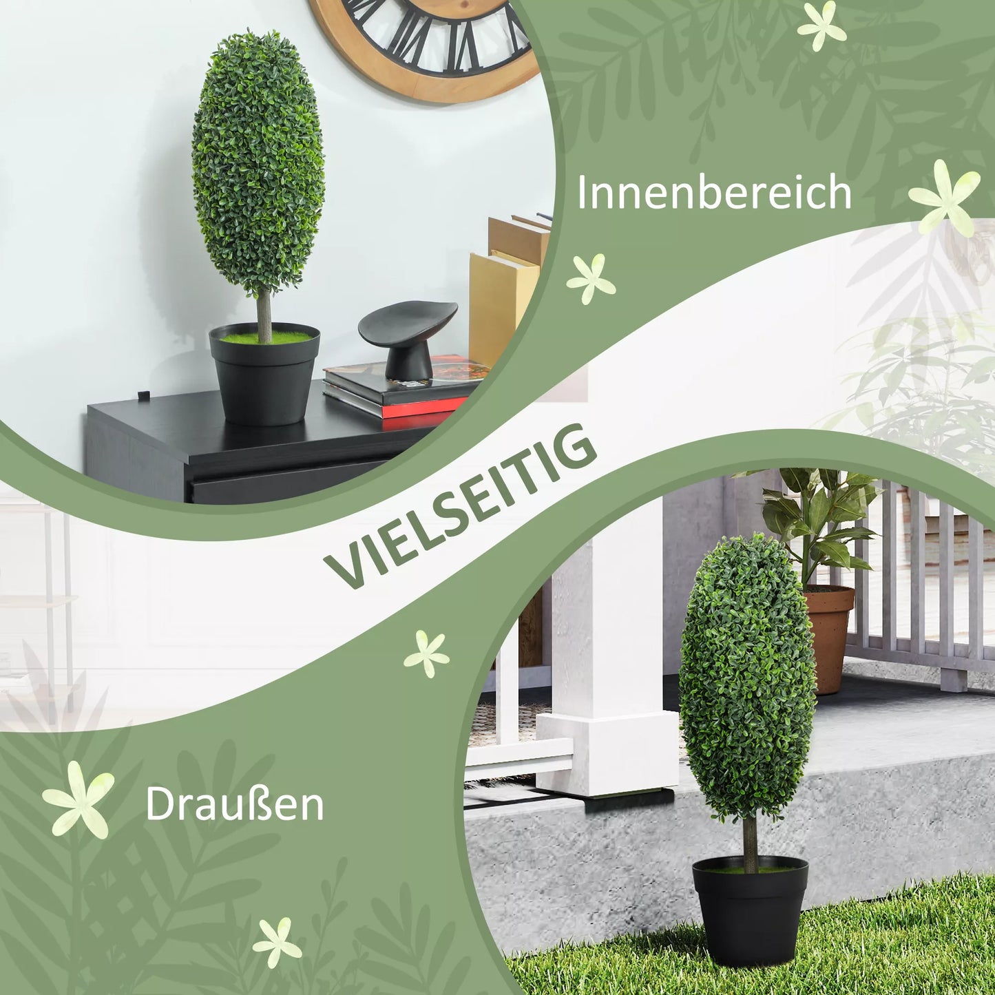 2 vnt. dirbtinių augalų rinkinys, UV atsparūs dirbtiniai medeliai vazonuose, plastikas, cementas, žalias