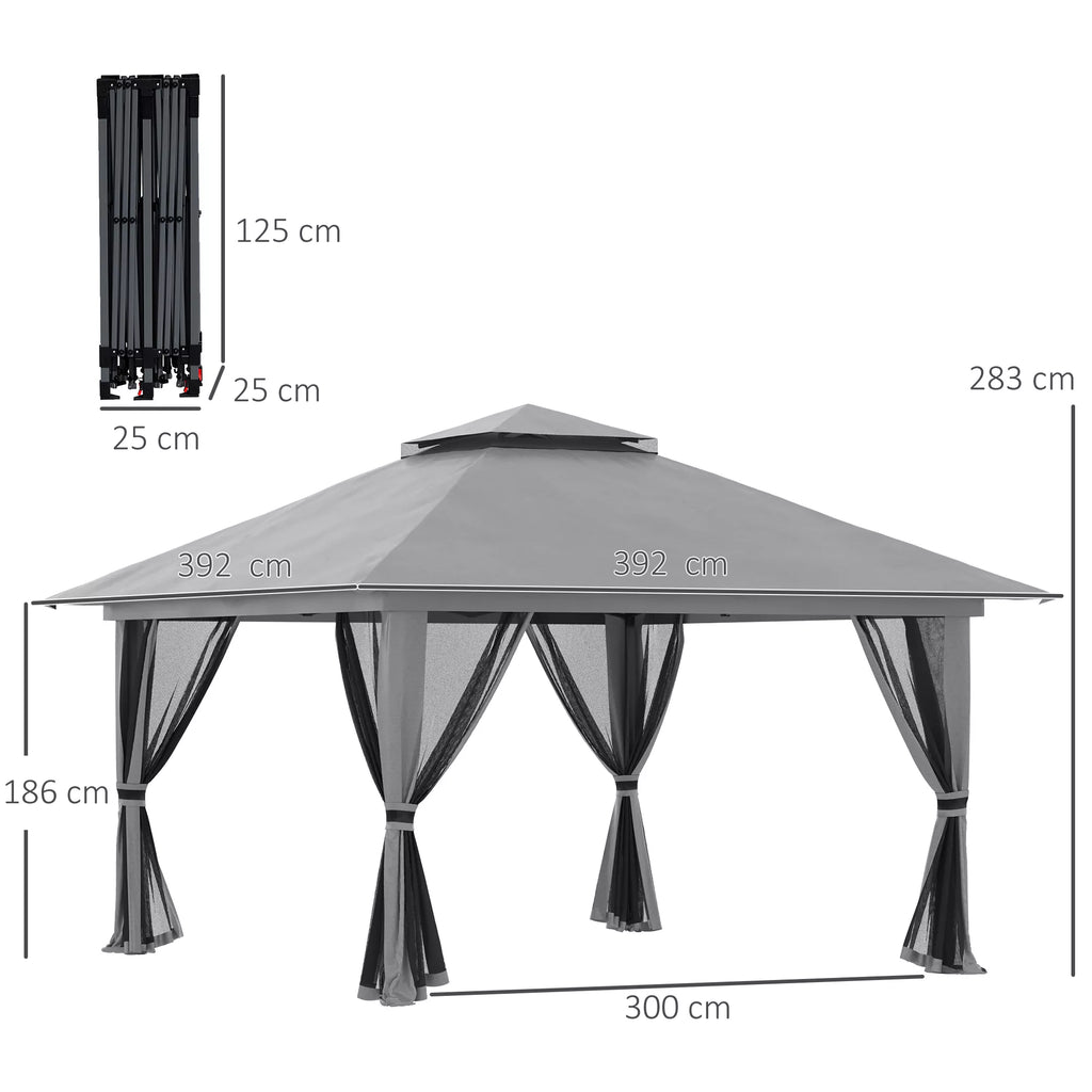 Sulankstomas paviljonas, reguliuojamo aukščio, 4 tinklinės sienos, ventiliacinis stogas, nešimo krepšys, greitas surinkimas, tamsiai pilkos spalvos, 4 x 4 x 3 m