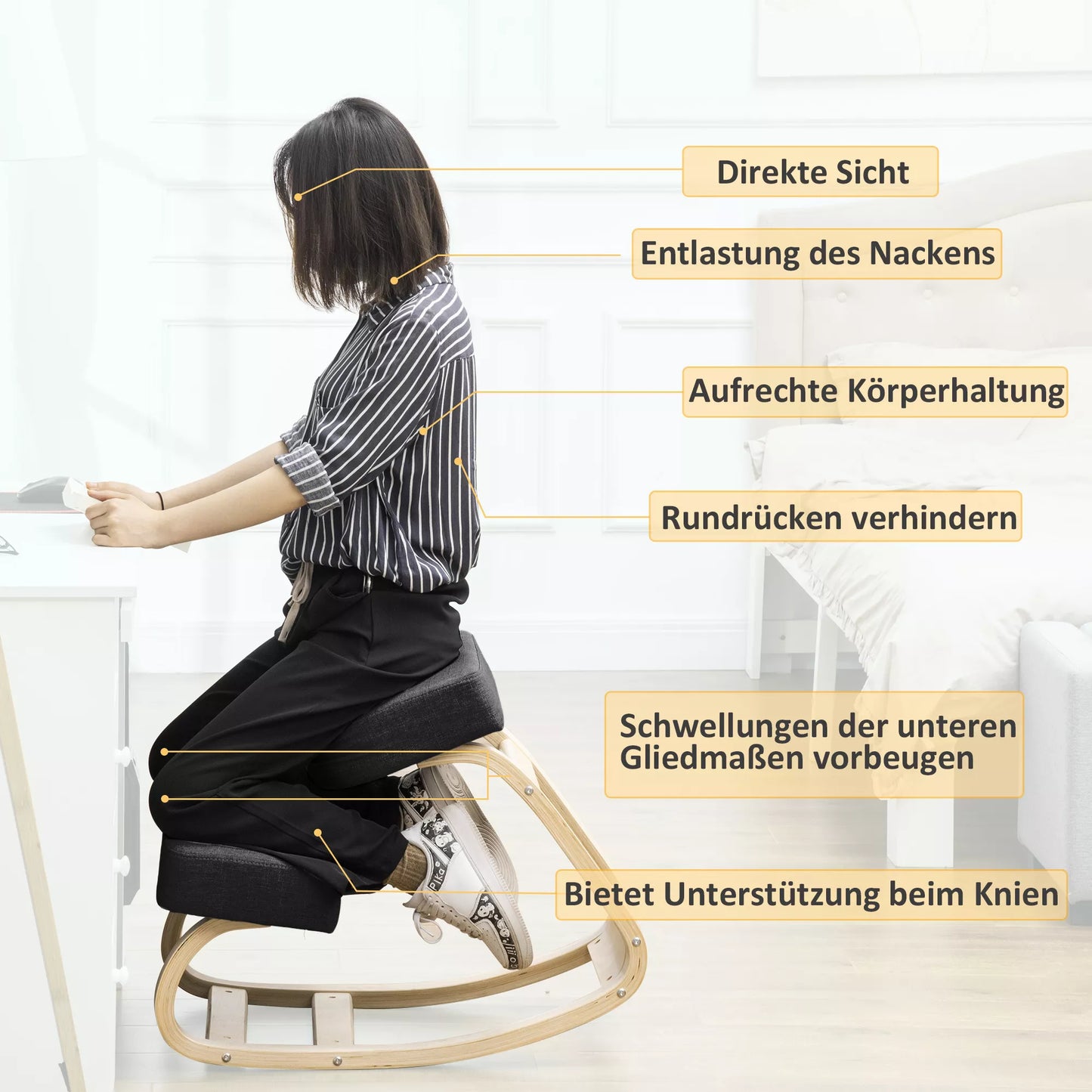 Ergonomiška klūpoma kėdė, paminkštinta atrama sveikai laikysenai, beržo mediena, atlaiko iki 120 kg, juoda