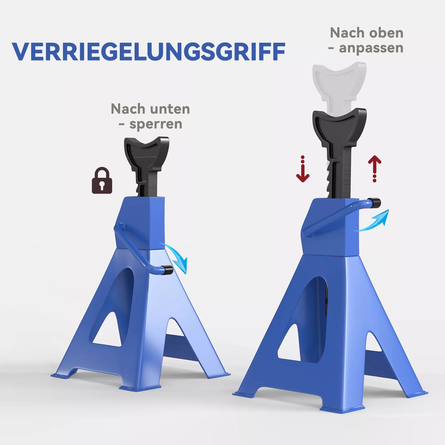 Atraminiai stovai 3 tonos keliamosios galios, 2 vnt., su fiksavimo kaiščiu, 13 pakopų, reguliuojamas aukštis 385 mm - 600 mm