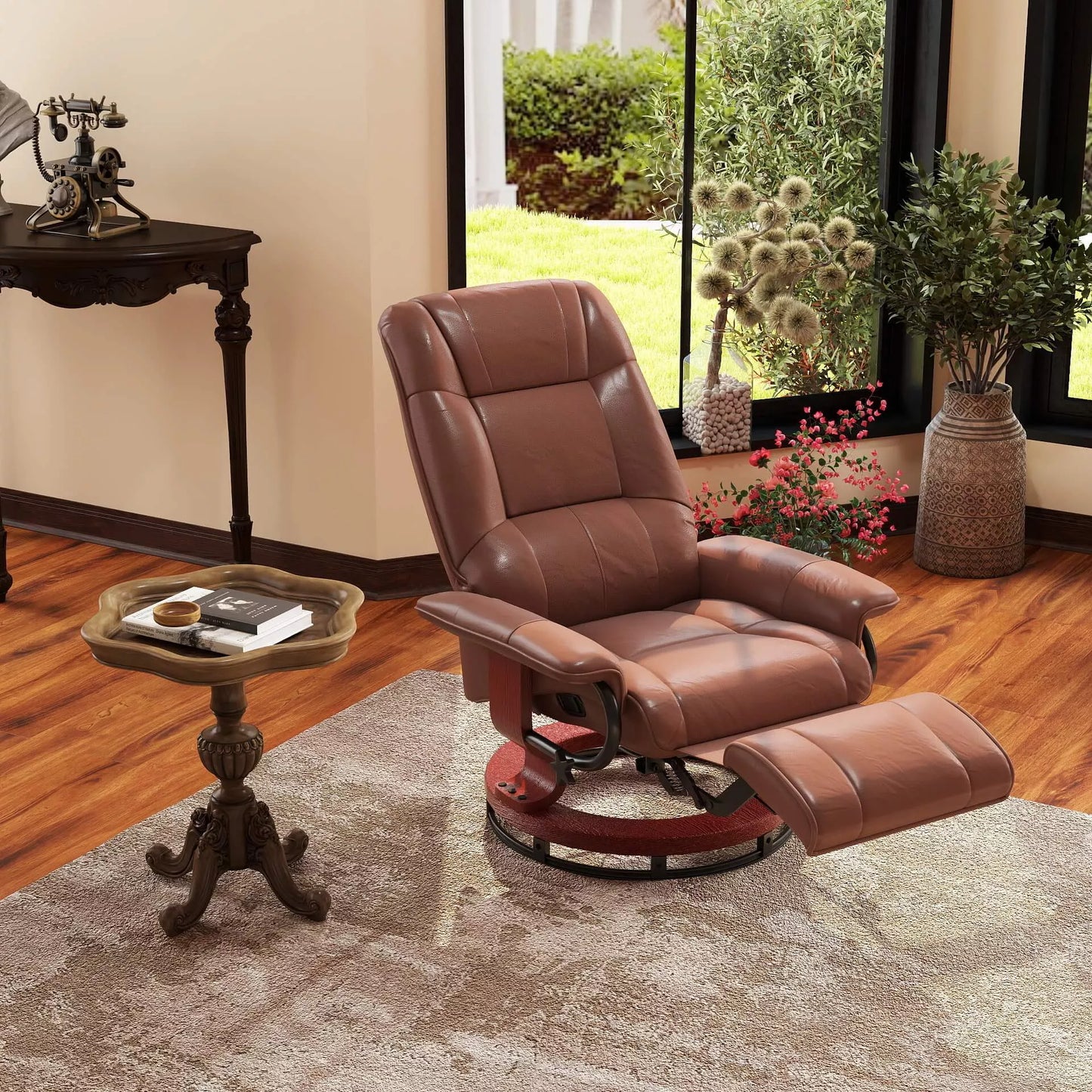 Relaksinis krėslas, 145° atlošiamas, su reguliuojama kojų atrama, dirbtinė oda, 360° pasukamas, iki 120 kg, rudas