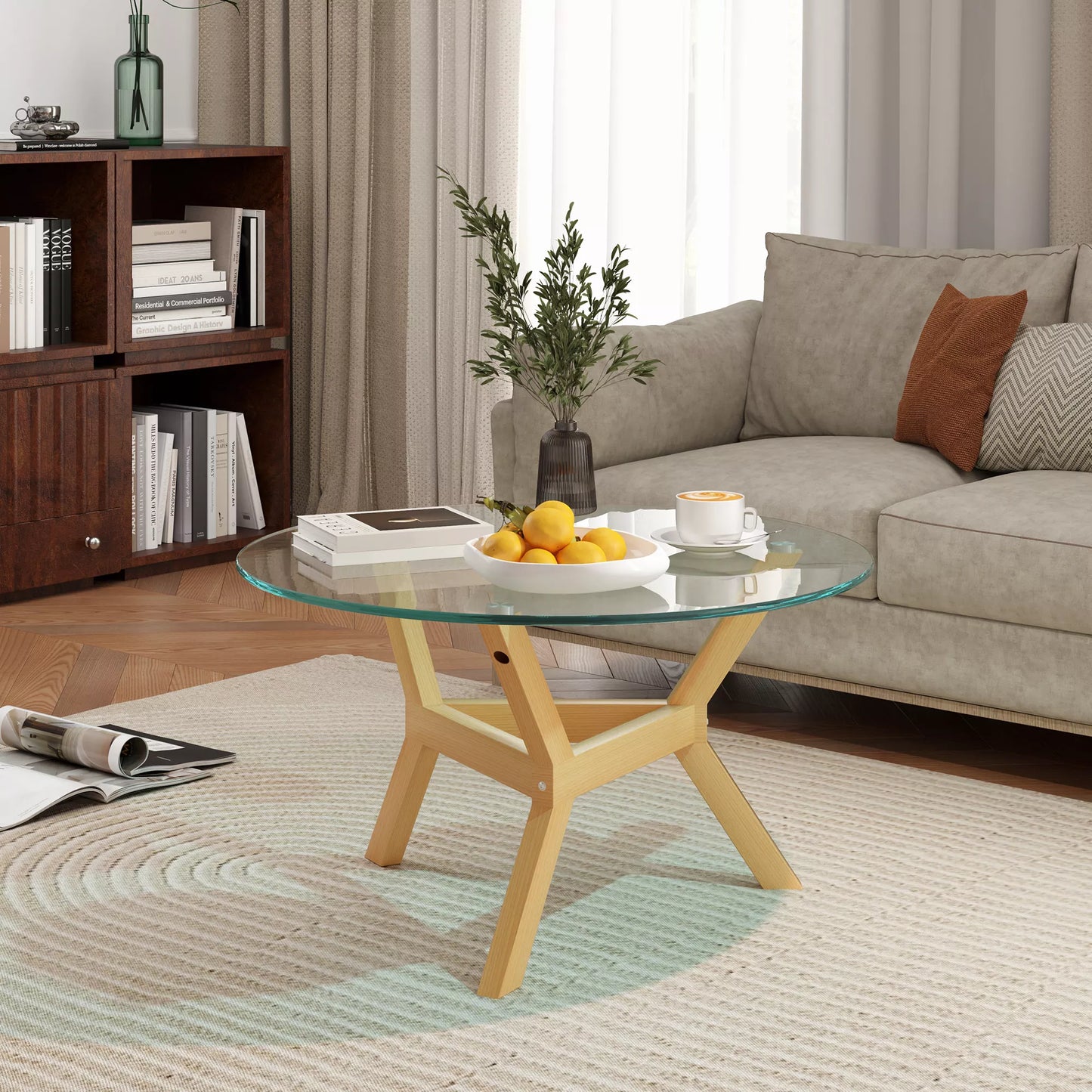 Apvalus staliukas iš grūdinto stiklo su reguliuojamais padukais ir plieniniu rėmu, skirtas svetainei, miegamajam