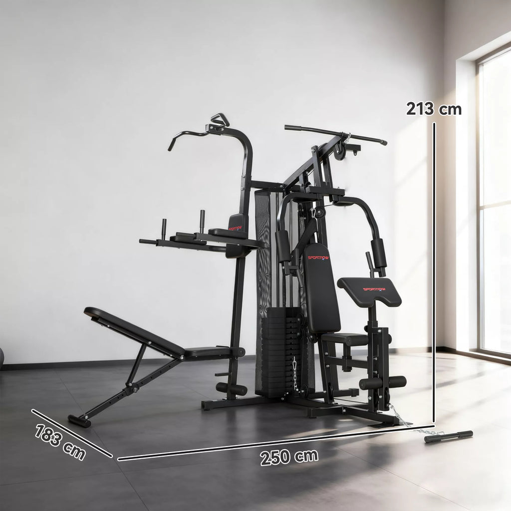 Daugiafunkcinė treniruočių stotis, namų sporto salės įranga daugiau nei 10 pratimams, svoriai, reguliuojamas treniruočių suolas, juoda