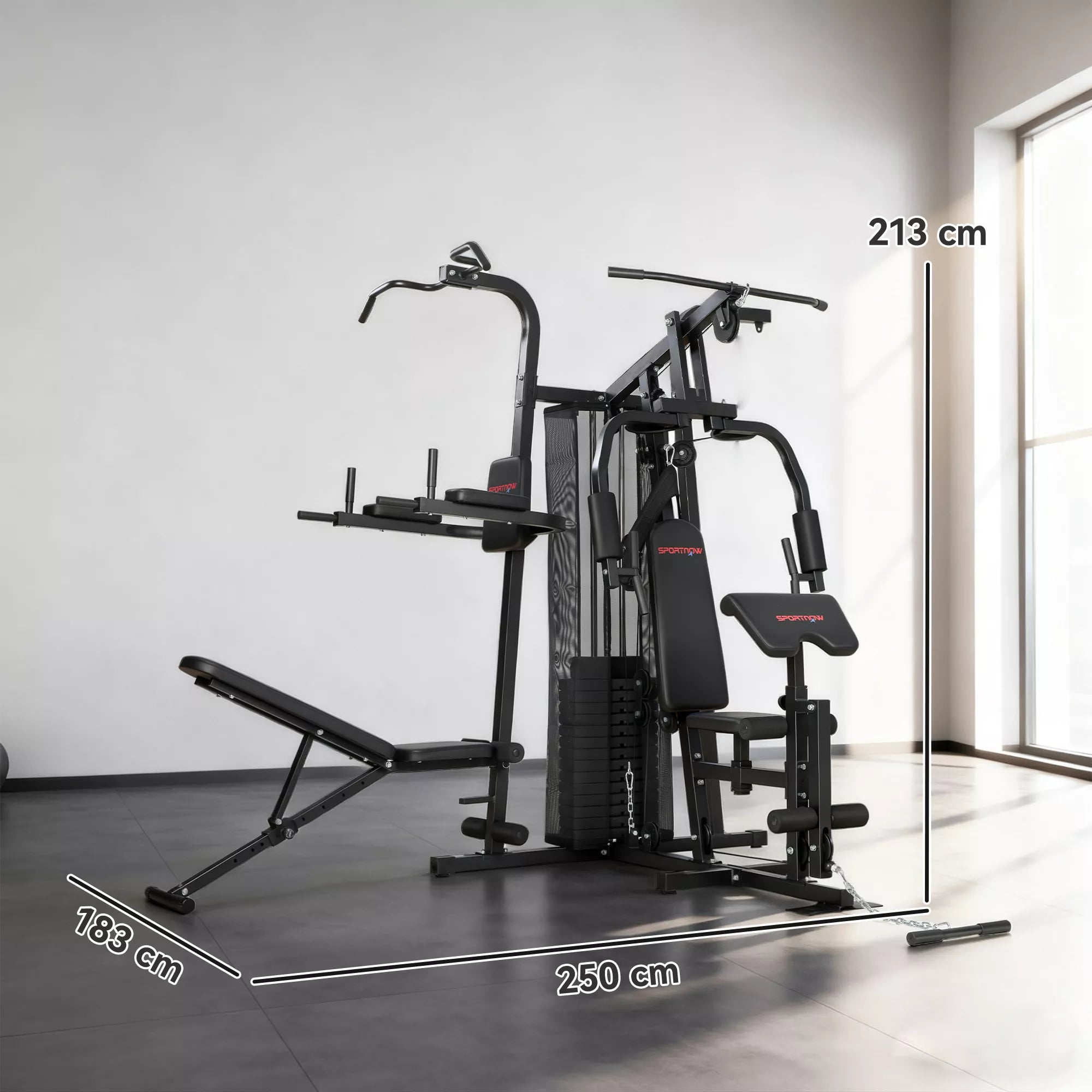 Daugiafunkcinė treniruočių stotis, namų sporto salės įranga daugiau nei 10 pratimams, svoriai, reguliuojamas treniruočių suolas, juoda