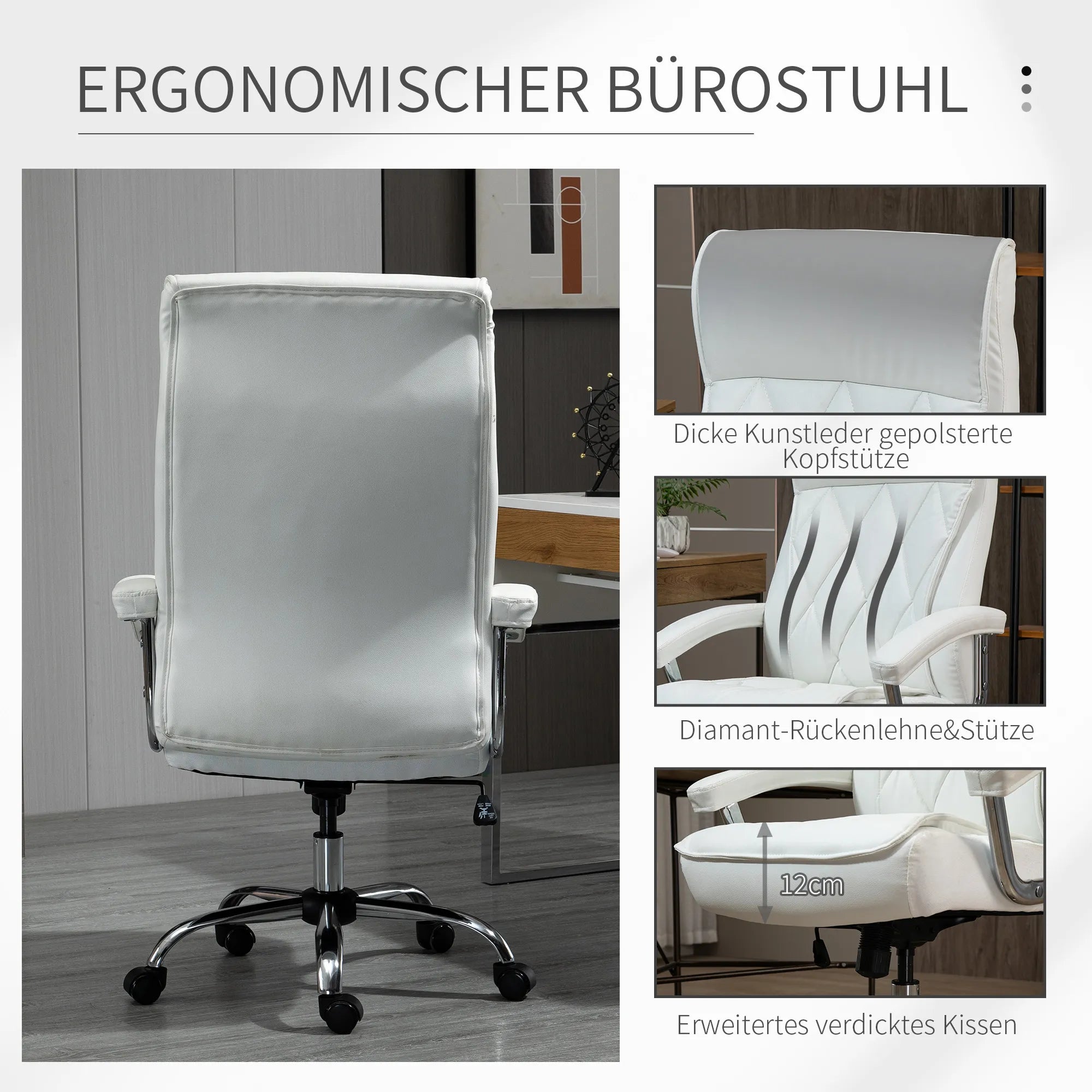 Biuro kėdė, ergonomiška rašomojo stalo kėdė, aukščio reguliavimo pasukama kėdė su svyravimo funkcija, rombų raštas, dirbtinė oda, paminkštinta vadovo kėdė, balta