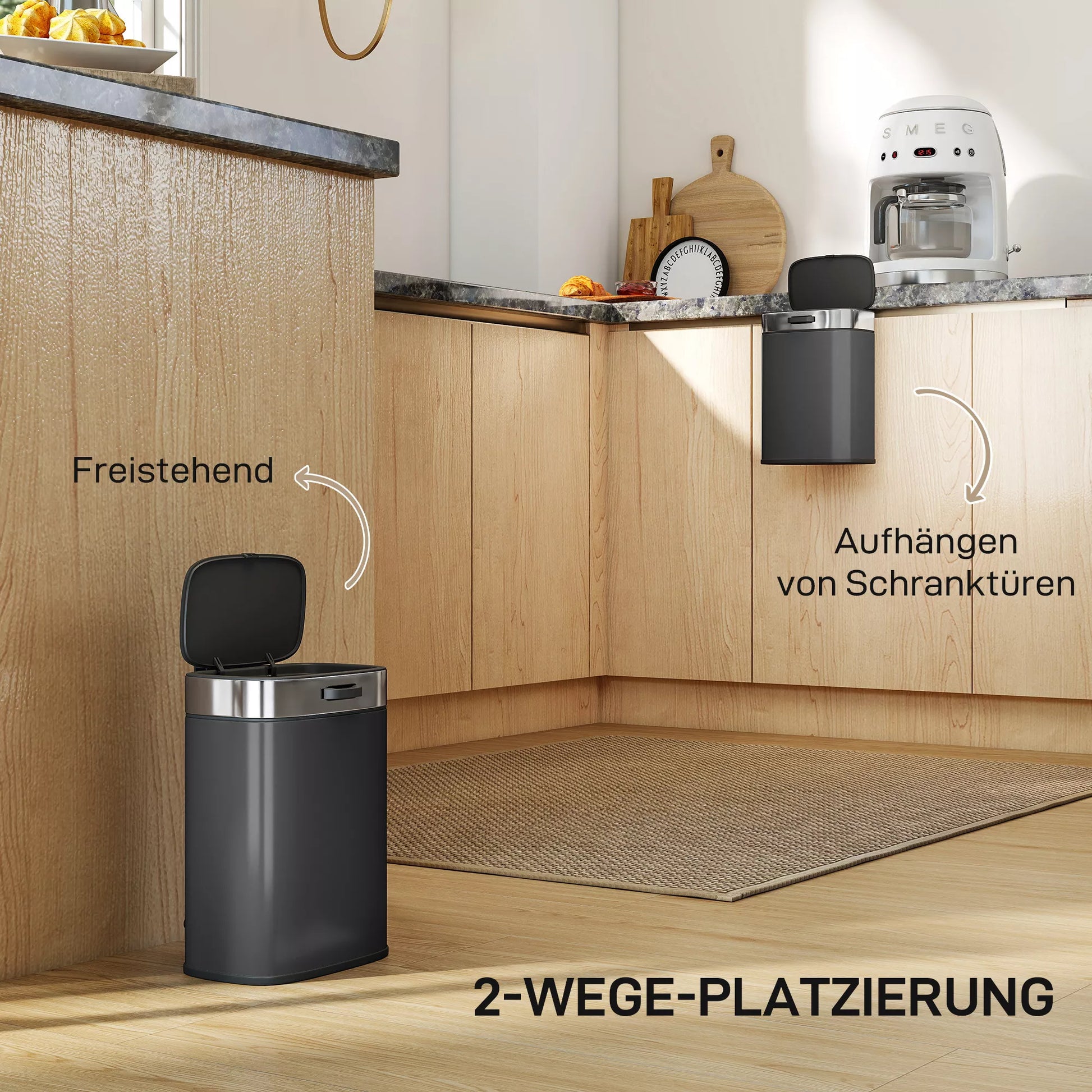 Šiukšliadėžė, nerūdijančio plieno virtuvės šiukšliadėžė su atviru dangčiu, išimamas vidinis konteineris, 21,5x19,5x30 cm, juoda